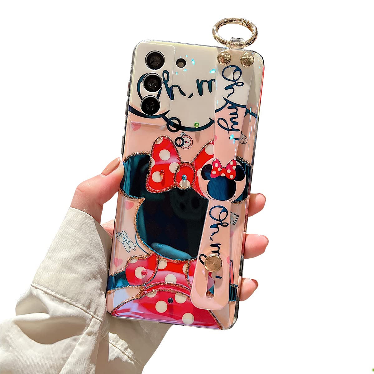 Cute Shockproof Samsung Galaxy S21 Case with Wrist Strap & Kickstand - Glitter Bling Cartoon IMD Soft TPU Protective Phone Cover for Women & Girls (6.2