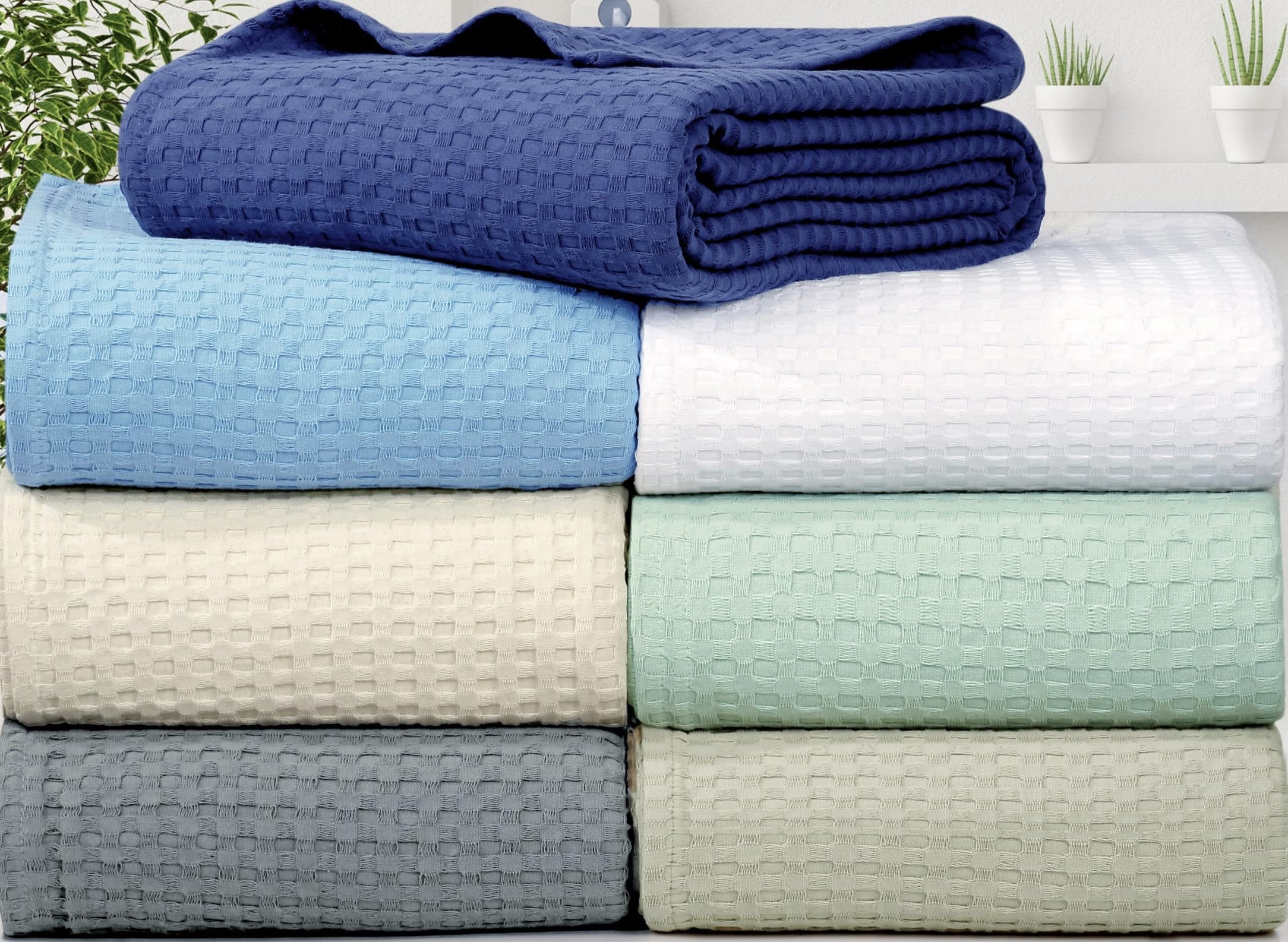 Tex Trend 100% Cotton Waffle Weave Queen Size Blanket - Lightweight, Breathable & Soft Bedding - Blue 90x90 Inches - Perfect for All-Season Comfort, Guest Rooms & Cozy Nights