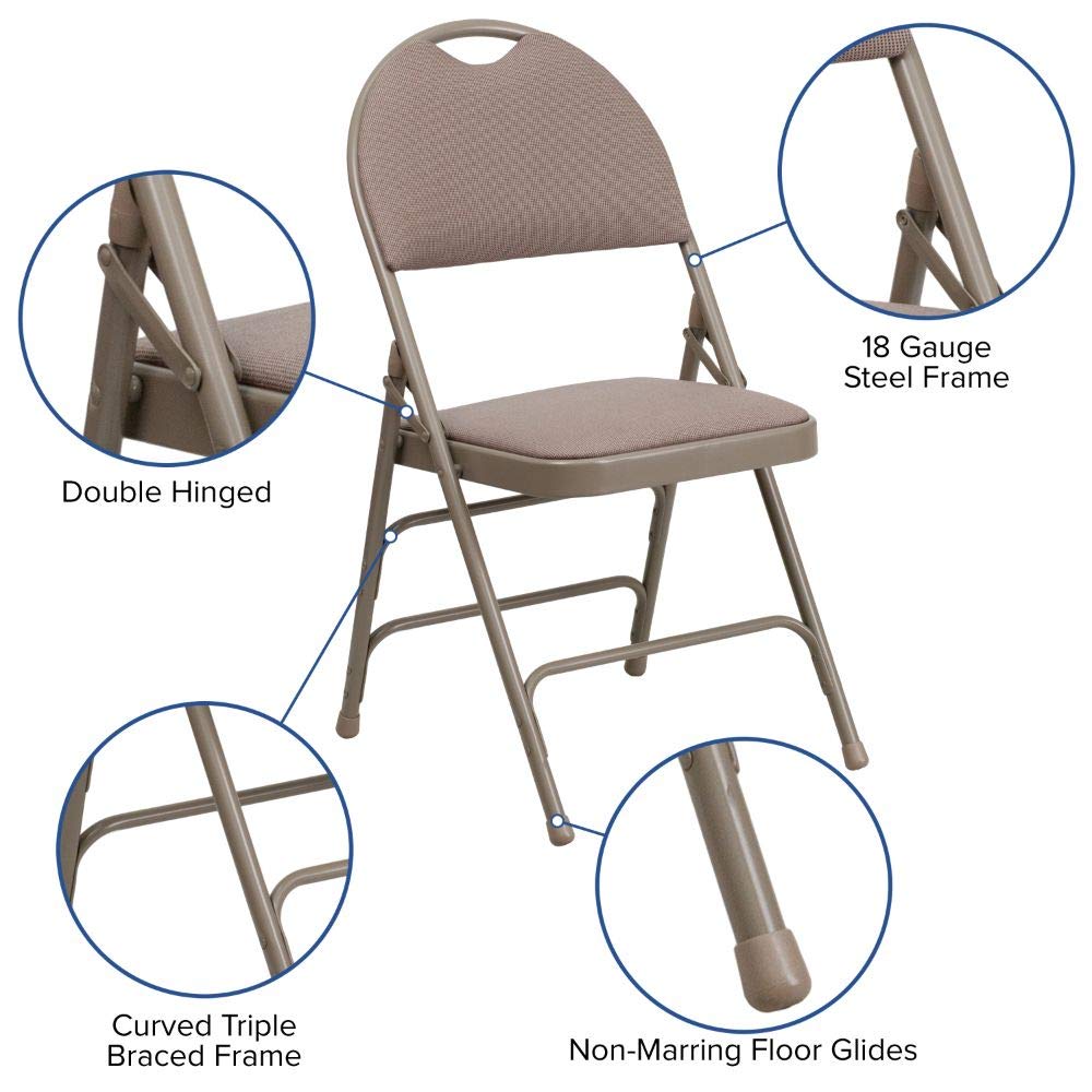 Flash Furniture 2 Pack HERCULES Series Heavy Duty Folding Chairs - Ultra-Premium Triple Braced Beige Fabric Metal Chairs with Easy-Carry Handle for Events, Parties, Weddings & Home Use