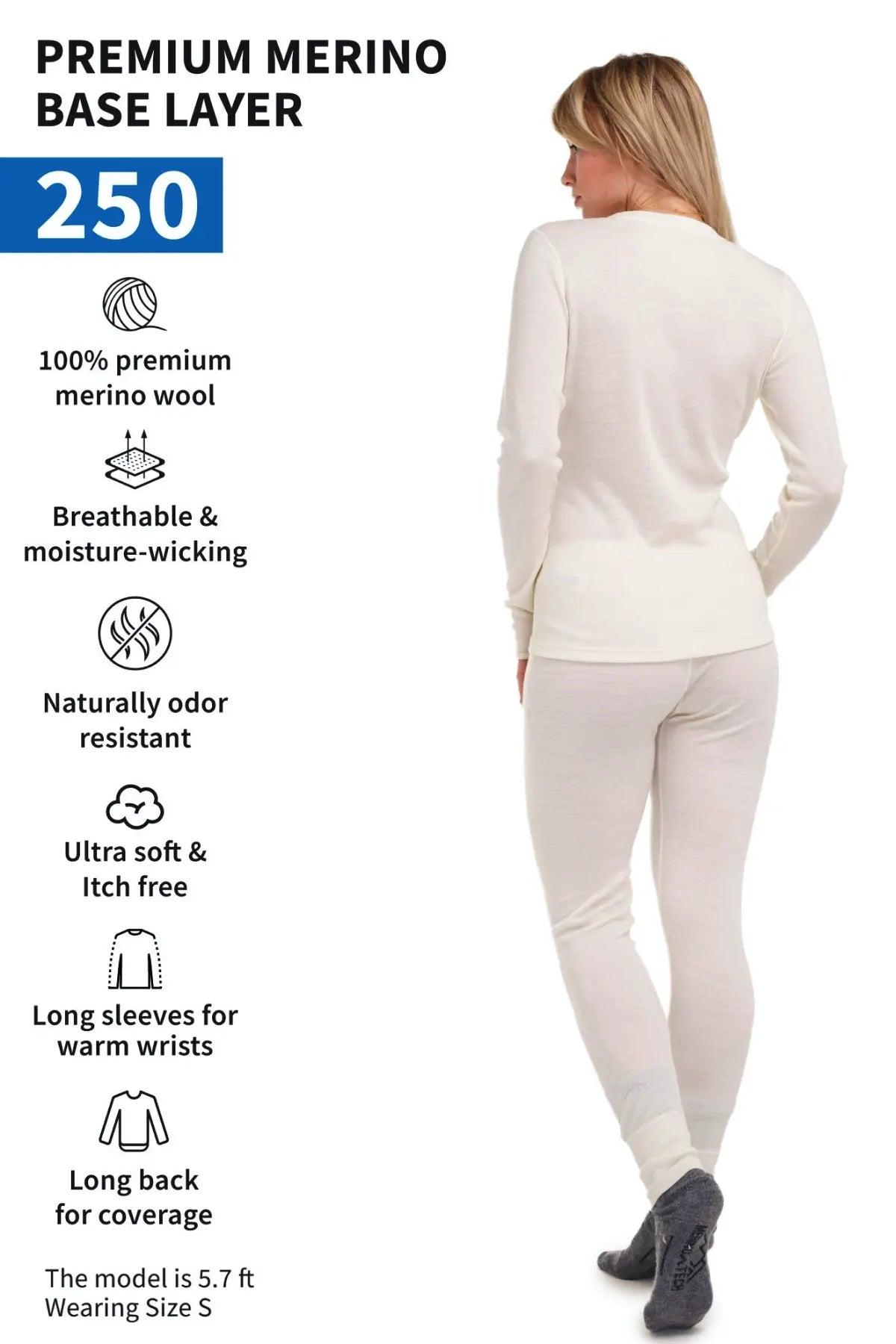 Women's 250 GSM Natural Merino Wool Thermal Underwear Set - Warm Base Layer for Winter, Hiking & Outdoor Activities