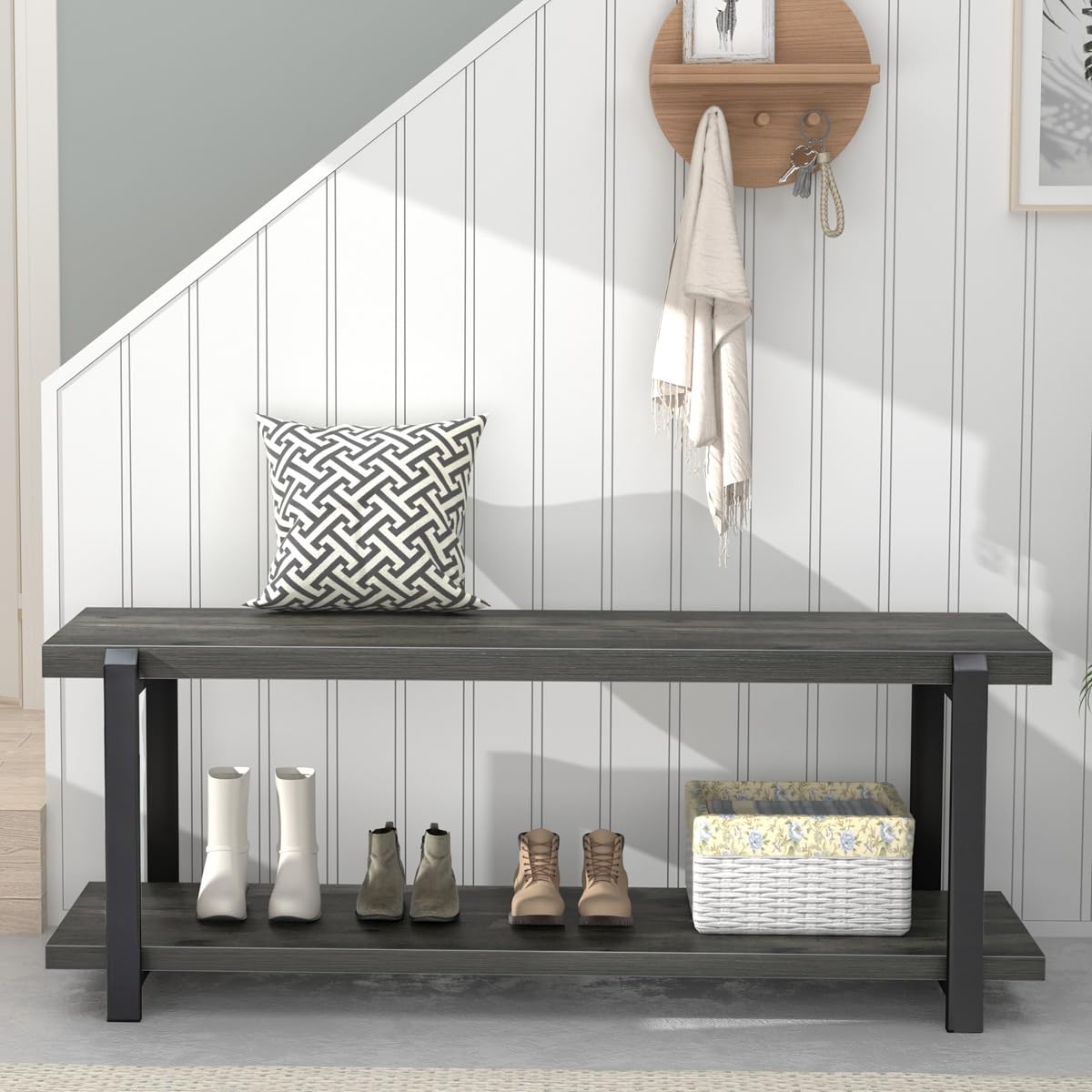 EXCEFUR 47 Inch Shoe Bench with Storage - Rustic Wood & Metal Entryway Bench, Shoe Rack & Seat for Hallway, Mudroom & Living Room Organization