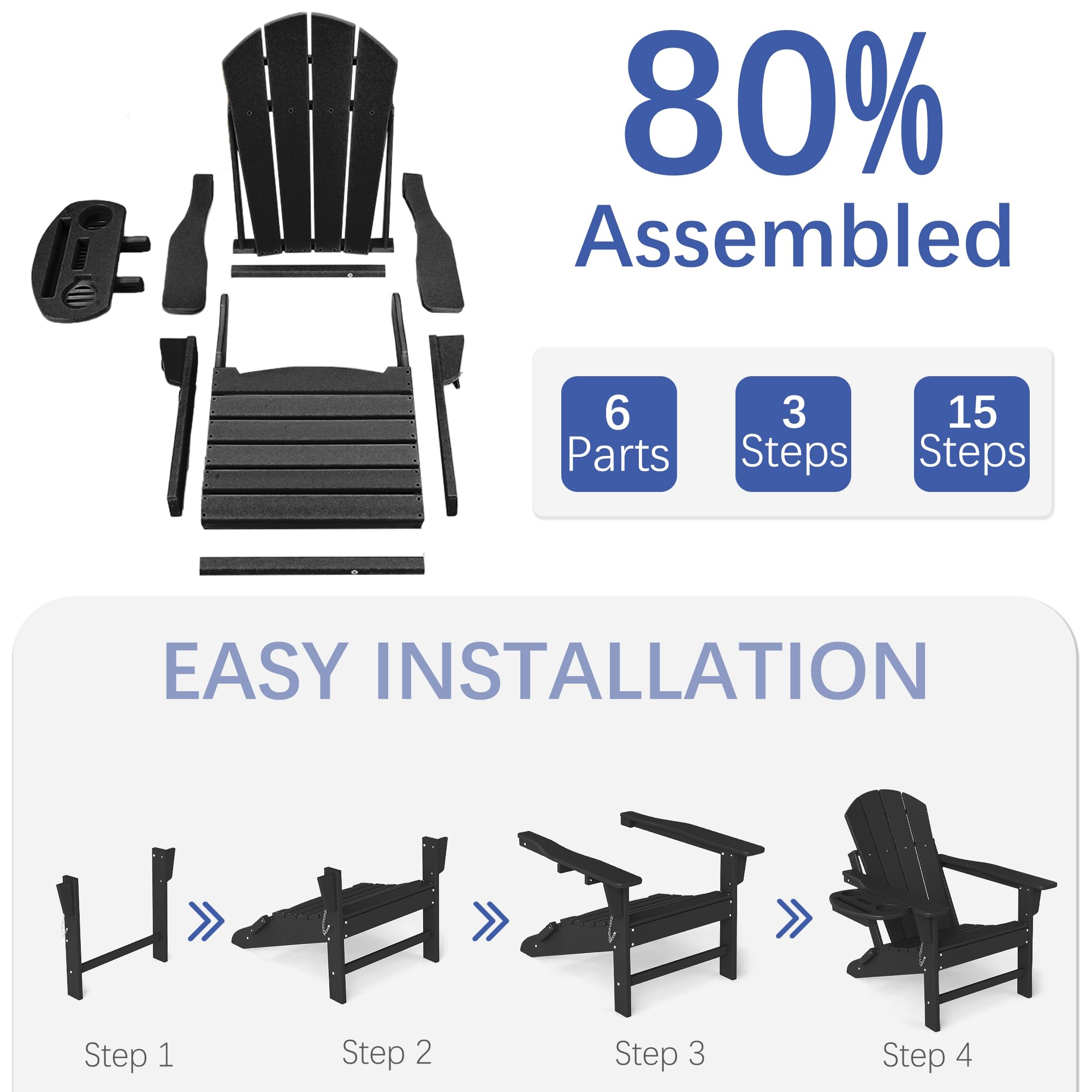 FOOWIN 4-Piece HDPE Folding Adirondack Chair Set - All-Weather Resistant Outdoor Furniture with 4-in-1 Cup Holder Trays - Perfect for Patio, Garden, Backyard, Deck & Fire Pit Gatherings (Black)