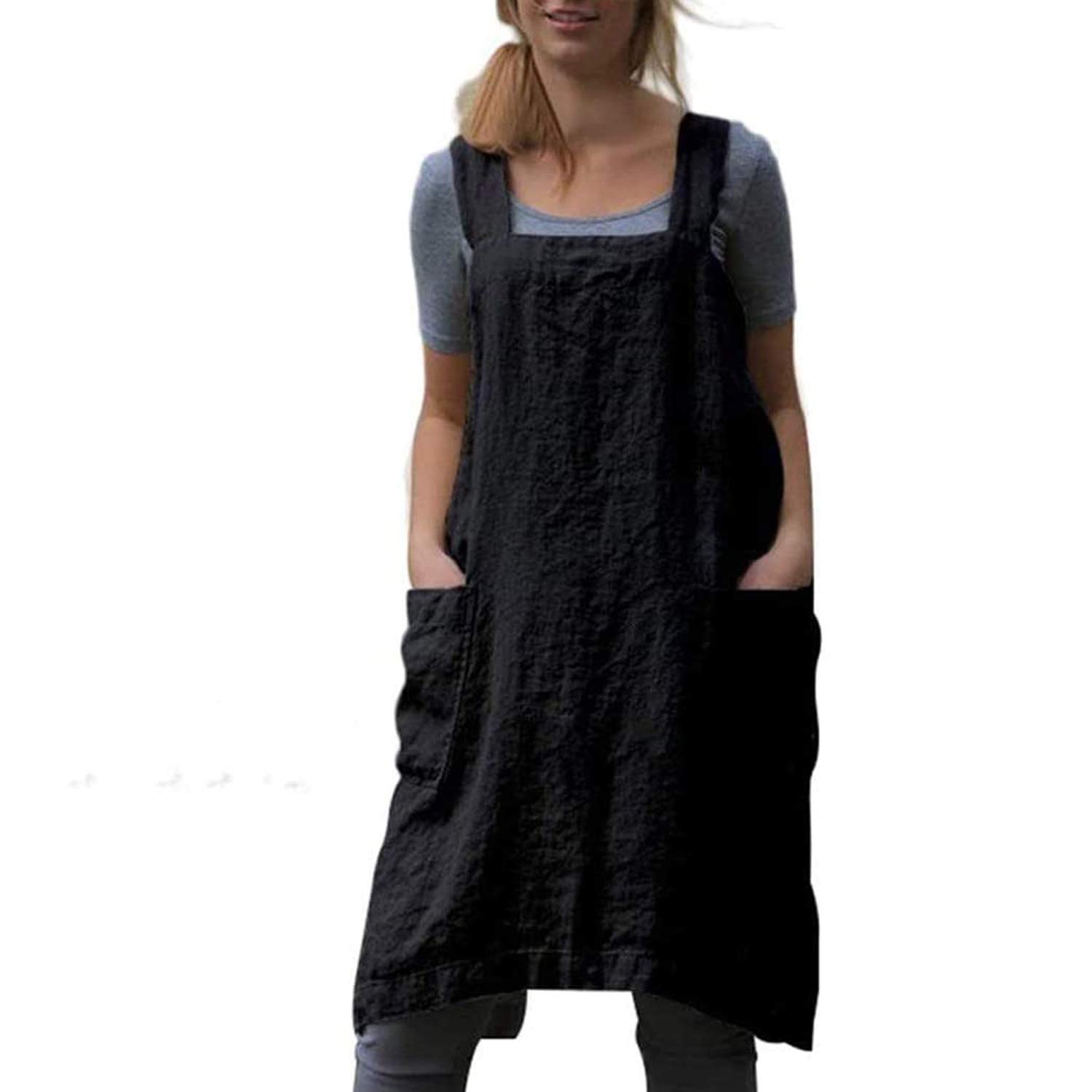 Premium Cotton Linen Cross Back Apron for Women - Adjustable Kitchen Apron with Pockets for Baking, Cooking & Grilling - Comfortable Pinafore Dress for Home Chefs & Professional Cooks | Perfect for Home Kitchen, BBQ Parties & Culinary Classes