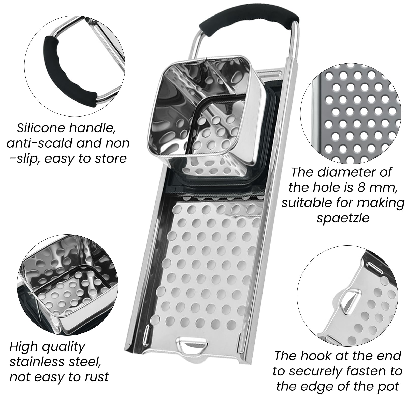 Premium Stainless Steel Spaetzle Maker - Efficient Homemade German Spaetzle & Knoepfle Noodle Press with Comfort Handle, Dishwasher Safe for Pots Up to 30cm - Perfect for Authentic German Cuisine, Family Dinners & Pasta Lovers