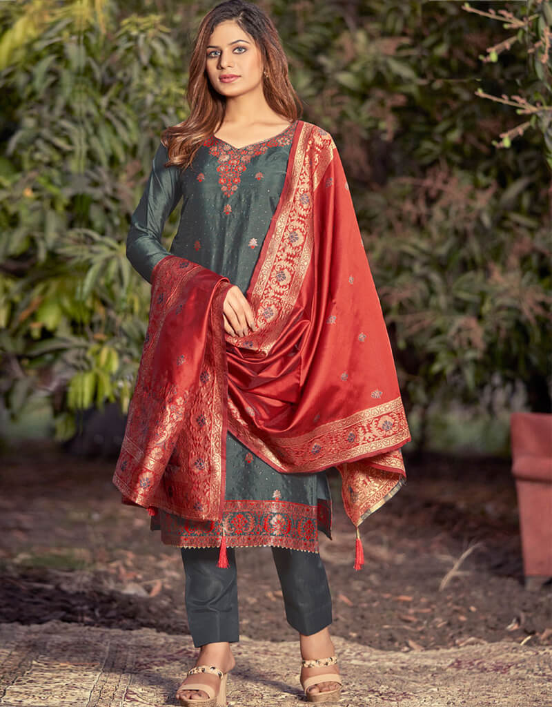 Banarasi Jacquard Dark Grey Salwar Kameez Suit with Pant Bottom | Traditional Indian Ethnic Wear for Women | Perfect for Weddings, Festivals & Special Occasions