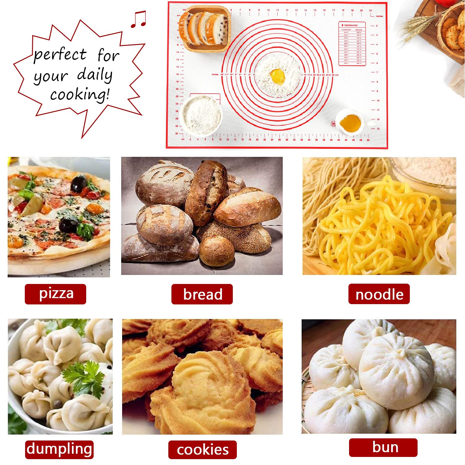 Non-Slip Silicone Pastry Mat for Rolling Dough, Fondant & Pie Crust - Extra Thick Baking Sheet, Oven Safe Counter Mat (16