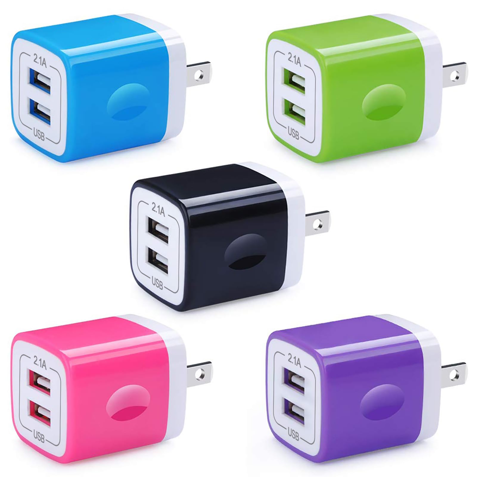 5-Pack Fast Charging USB Wall Charger Block - Dual Port 2.1A Power Adapter for iPhone 16/15/14/13/12/11 Pro Max, iPad, Samsung Galaxy S24/S23FE/S22/S21/A15/A14, Pixel 9 Pro XL/8a/8Pro/7 - Perfect for Home, Office & Travel Charging Needs