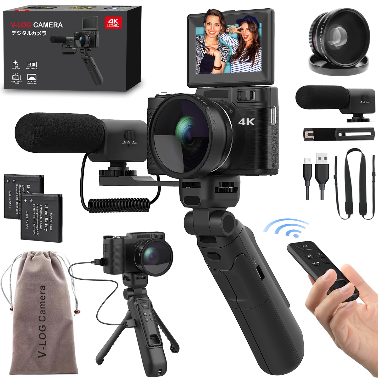 4K 48MP Vlogging Camera with Flip Screen & Autofocus - Digital Creator Kit Includes Tripod Grip, Wide-angle Lens, Macro Lens, Mic & Batteries - Perfect for YouTube Vlogging, Travel Photography & Content Creation