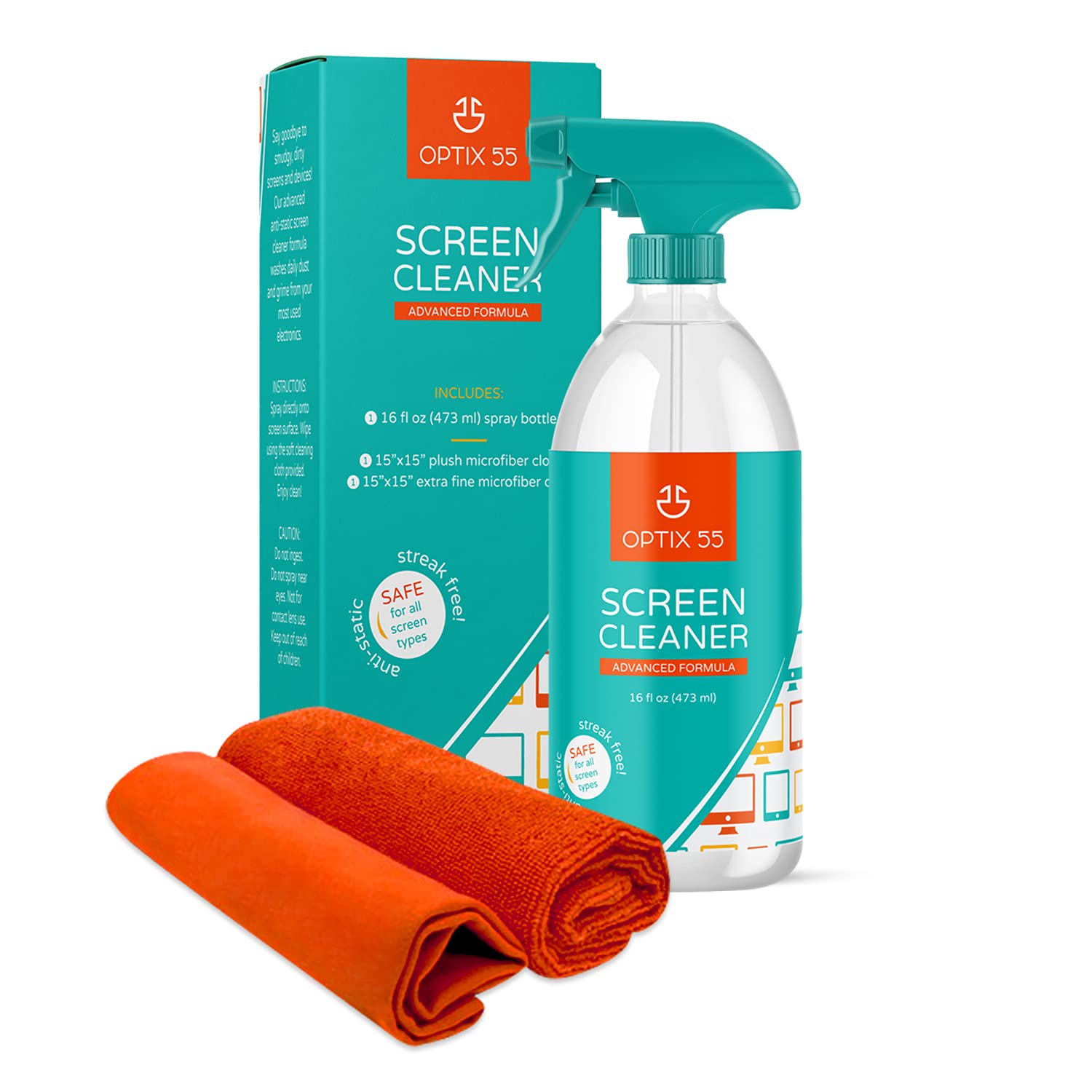 16oz Screen Cleaner Spray Kit with 2 Microfiber Cloths (15x15) - Safe for TV, Monitor, Laptop, Tablet & Phone Screens - LCD/LED Electronic Device Cleaning Solution for Home & Office Use