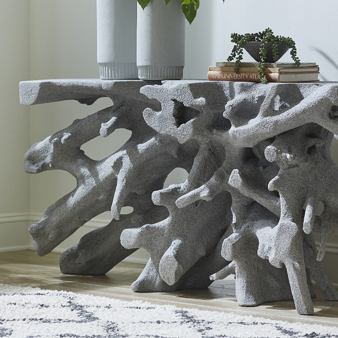 Dark Granite Console Table with Cast Root Design - Elegant Entryway Furniture for Hallway, Living Room & Foyer Decor