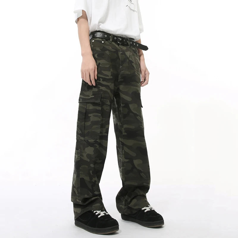 American Style Men's Denim Pants - Camouflage Print with Big Pockets, Straight Wide Leg Loose Fit Jeans for Casual Wear (Model 9C7508) | Perfect for Outdoor Adventures and Street Fashion
