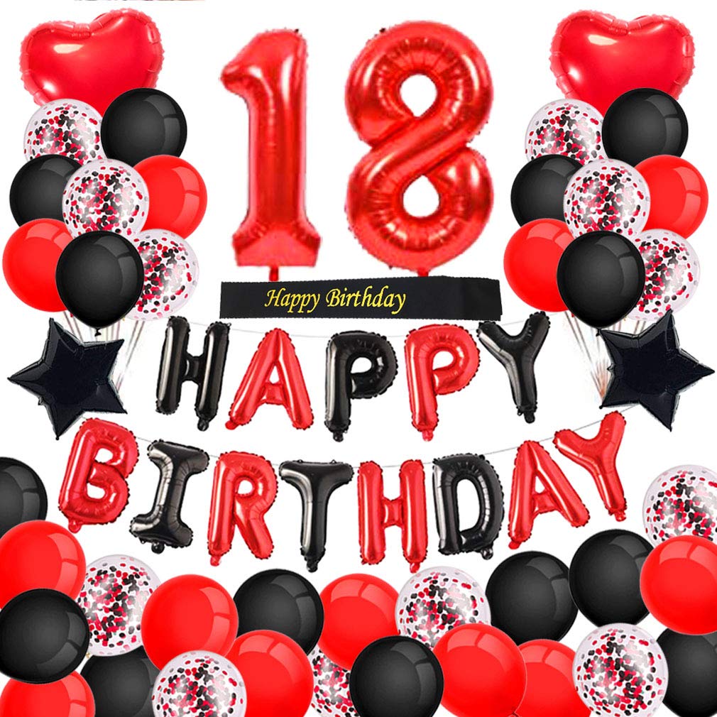 Minhero 18th Birthday Party Decorations Set - Red & Black Happy Birthday Banner, Number 18 Balloons, Birthday Sash with Latex & Confetti Balloons for Women/Girls 18th or 81st Birthday Celebration - Perfect for Sweet 16, Quinceañera, Milestone Birthdays & Adult Birthday Parties