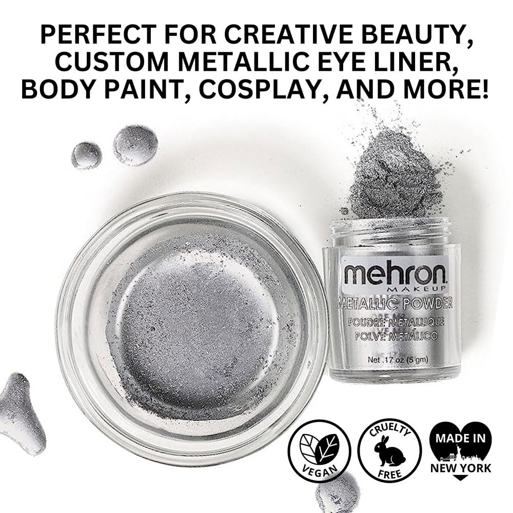 Mehron Makeup Metallic Powder 0.17 oz with Mixing Liquid 1 oz - Silver | Professional FX & Theatrical Makeup for Cosplay, Halloween, Body Painting & Special Effects