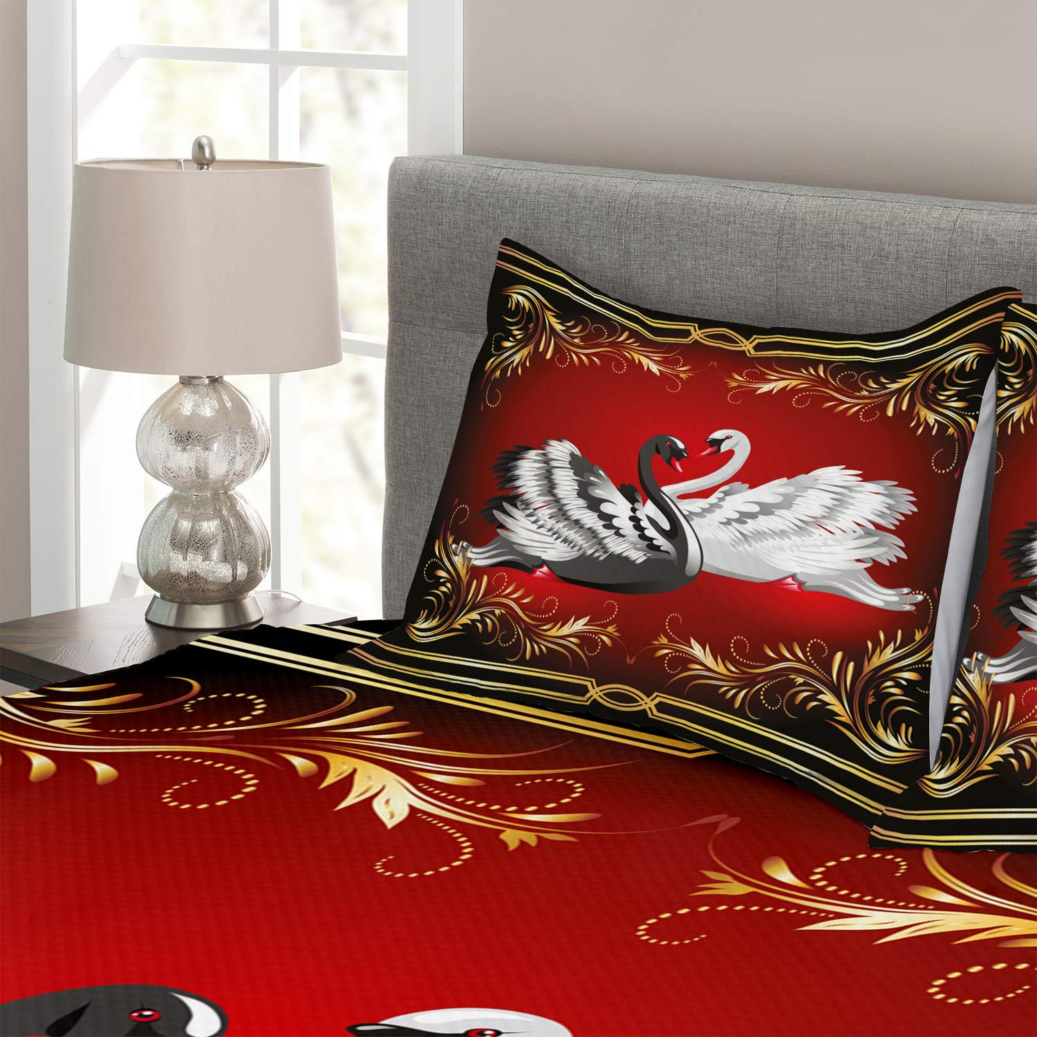 Ambesonne King Size 3-Piece Bedspread Set with 2 Pillow Shams - Black & White Swan Couple Design, Romantic Elegant Bedding for Master Bedroom Decor, Perfect for Valentine's Day Gift & Anniversary Present