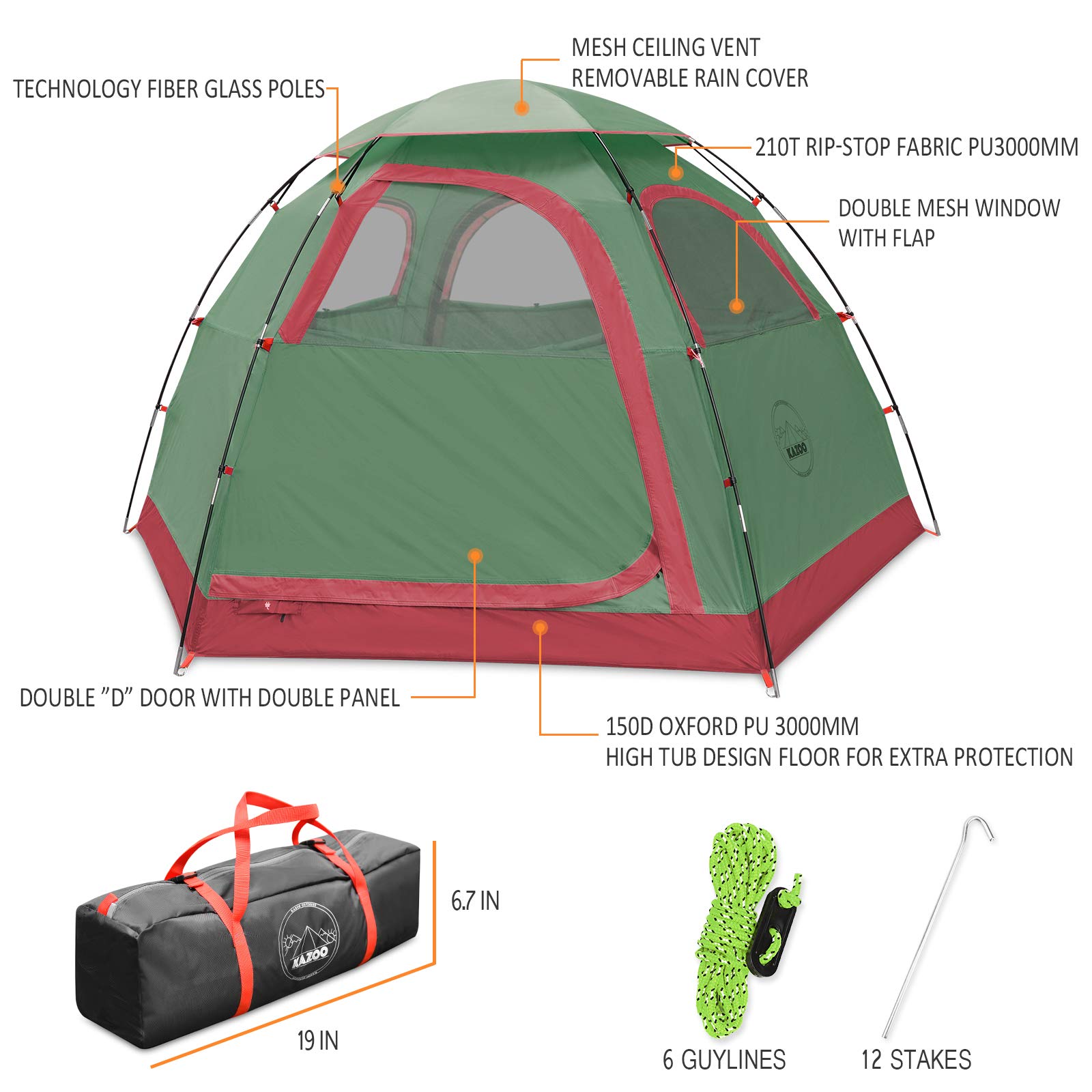 KAZOO 2/4 Person Waterproof Camping Tent - Easy Setup Lightweight Backpacking Tent with Sun Shade for Outdoor Adventures, Hiking, Family Camping Trips & Beach Use