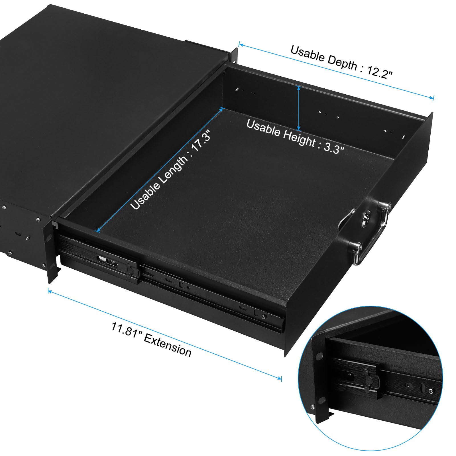 MECCANIXITY 2U 19-Inch Rack Mount Drawer for 17.3 Inch Equipment - Lockable Storage for AV, Network, DJ Gear - Perfect for Server Rooms, Studios & Data Centers