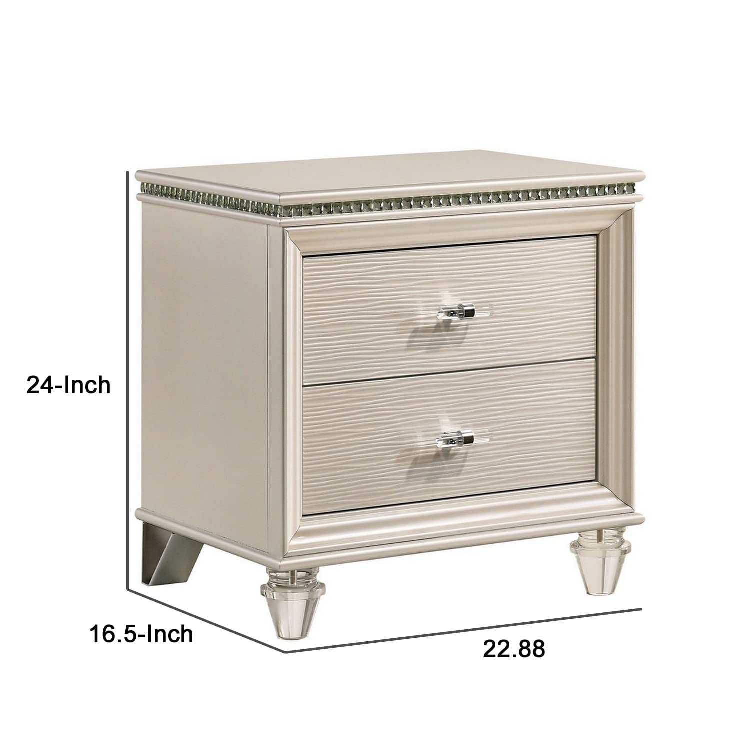 Benjara Modern Nightstand with 2 Textured Drawers & Acrylic Legs - Pearl White Bedside Table for Bedroom, Living Room, or Office Storage