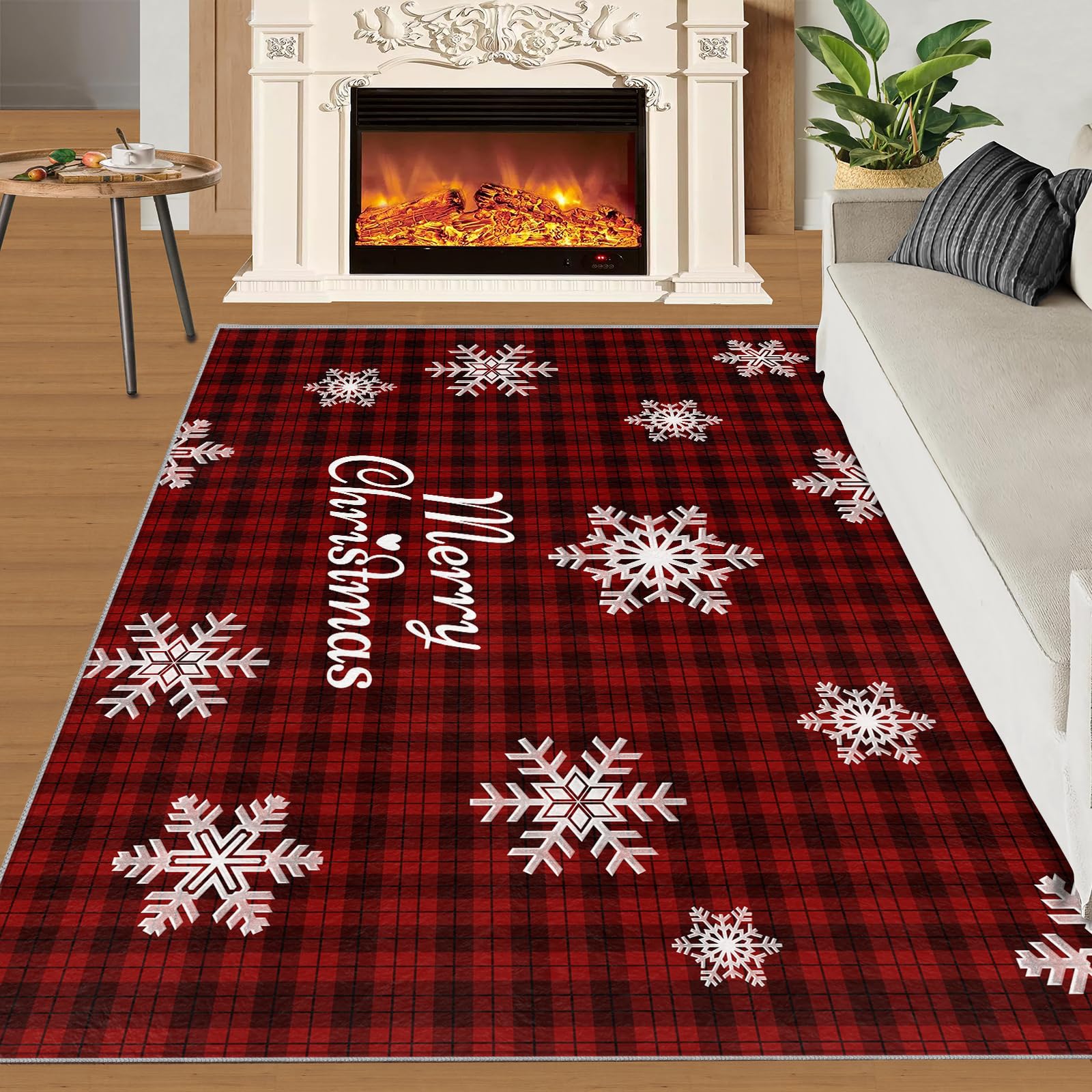 5x7 White Christmas Snowflake Area Rugs - Non-Slip Soft Abstract Geometric Floor Mats for Bedroom, Living Room & Teen Room - Perfect for Holiday Decor & Hardwood Floors (Black/Red Grid Design)