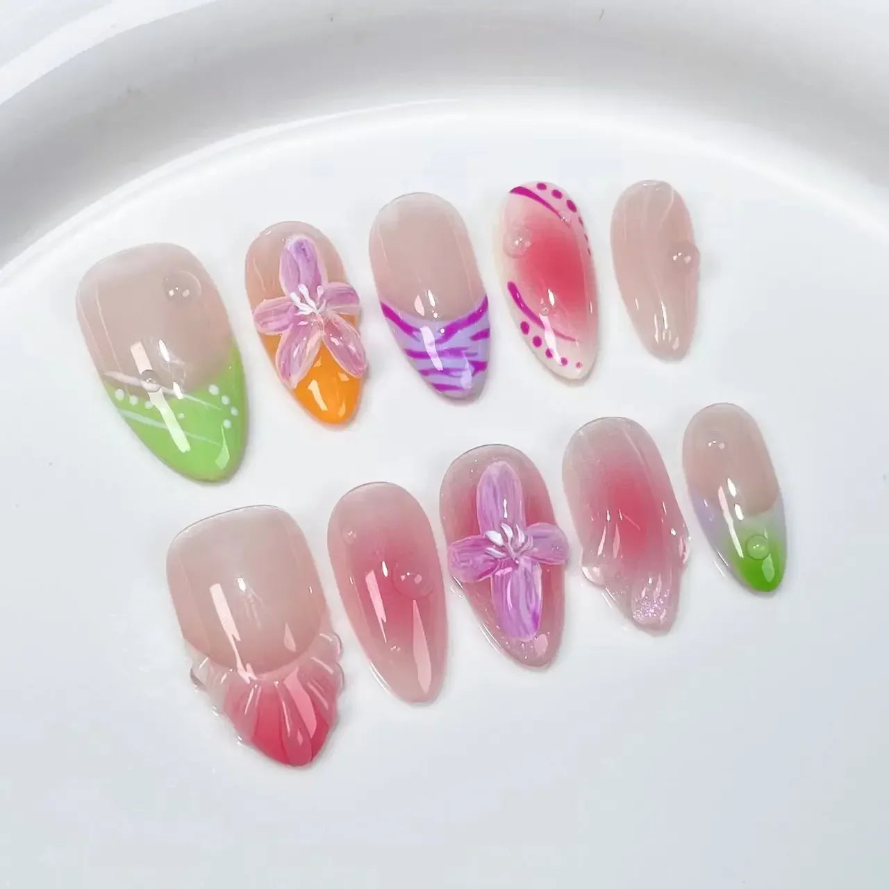 10Pcs Blue Handmade Almond Press on Nails - French Design with Rhinestones & Glitter | Full Cover Fake Nail Tips for Manicure | Perfect for Parties, Weddings, and Special Occasions