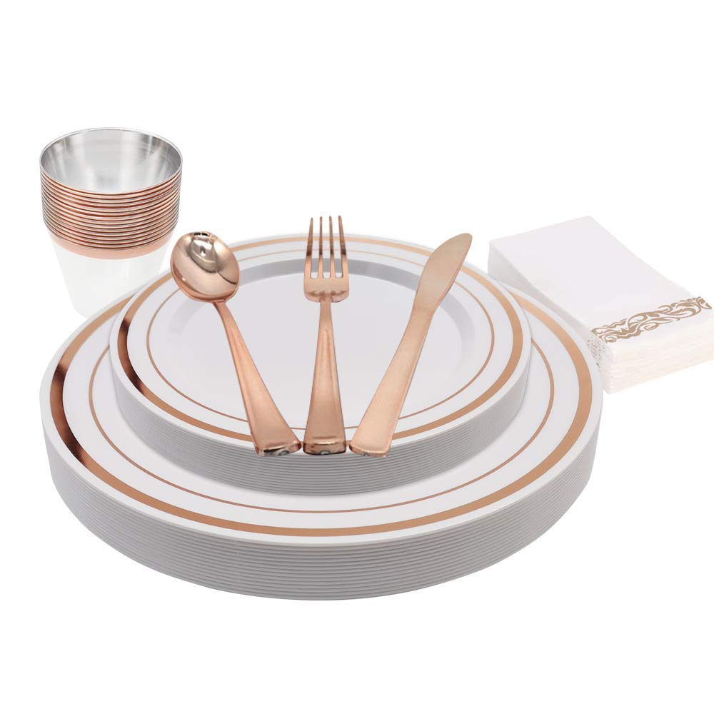 KAPATI 105-Piece Rose Gold Disposable Plastic Dinnerware Set - 15 Dinner Plates, 15 Salad Plates, 15 Forks, 15 Spoons, 15 Knives, 15 Cups & 15 Linen-Like Napkins - Elegant Party Tableware for Weddings, Birthdays & Special Events
