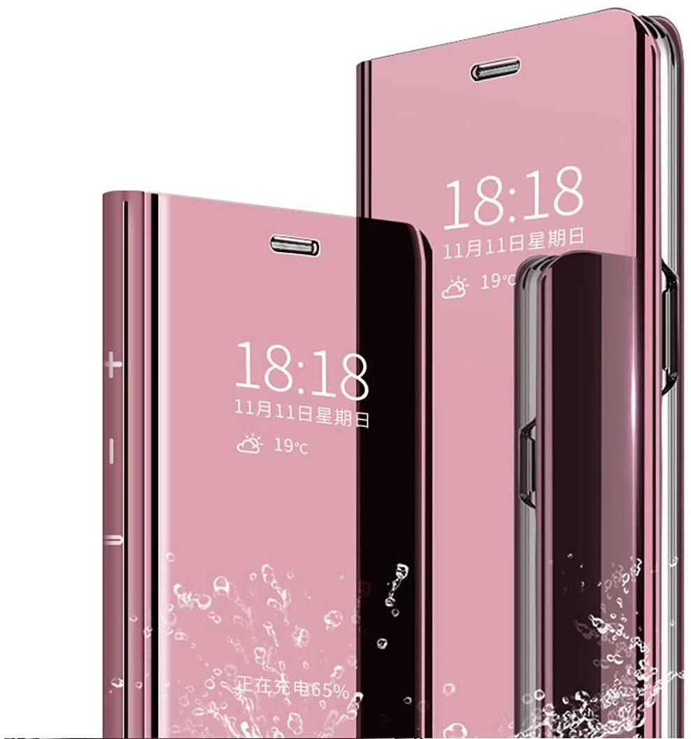 Luxury Mirror Design Clear View Smart Window Phone Case for Realme 5i - Wireless Charging Compatible Flip Cover with Makeup Mirror (Rose Gold) | Perfect for Makeup Touch-ups & Everyday Protection