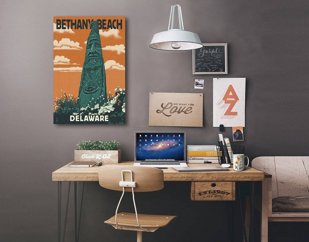 Bethany Beach Delaware Totem Pole Letterpress Art - 16x24 Wrapped Canvas Wall Decor for Coastal Home & Beach House Decor
