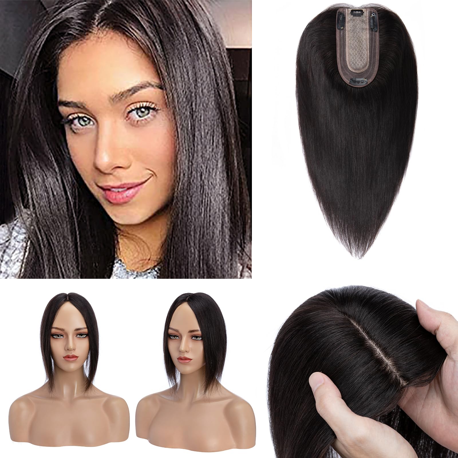 12 Inch Human Hair Clip-in Hair Toppers for Thinning Hair - Straight Natural Black #1B Hair Extensions for Women - Perfect for Hair Loss, Gray Coverage & Daily Styling
