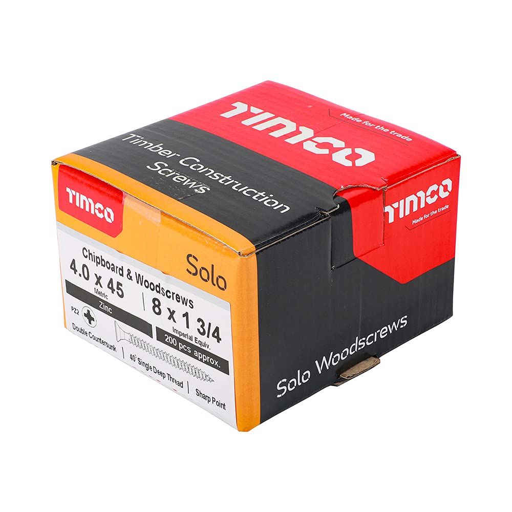 Timco 40045SOLOZ PZ2 CSK BZP Zinc Plated Woodscrews 4.0 x 45mm - Box of 200 - Ideal for Woodworking, Furniture Assembly & DIY Projects