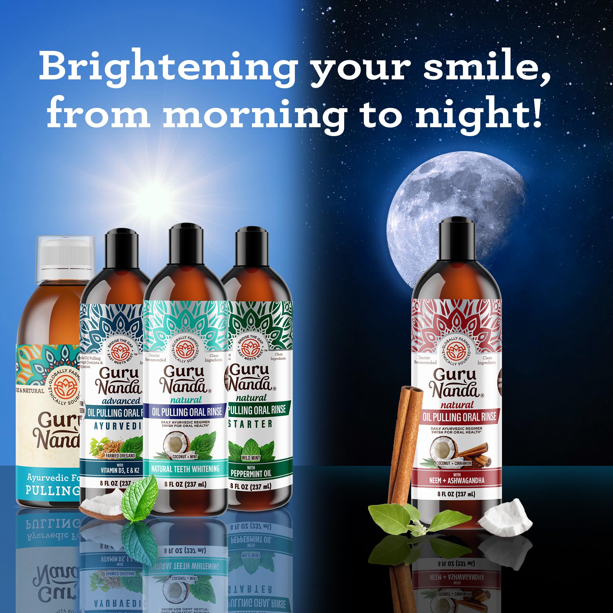 GuruNanda Ultimate Oil Pulling Bundle - Coconut & Peppermint Teeth Whitening Oil (2-Pack) + Advanced Oral Care for Fresh Breath & Whiter Smile | Natural Mouthwash Alternative for Morning Routine & Dental Hygiene