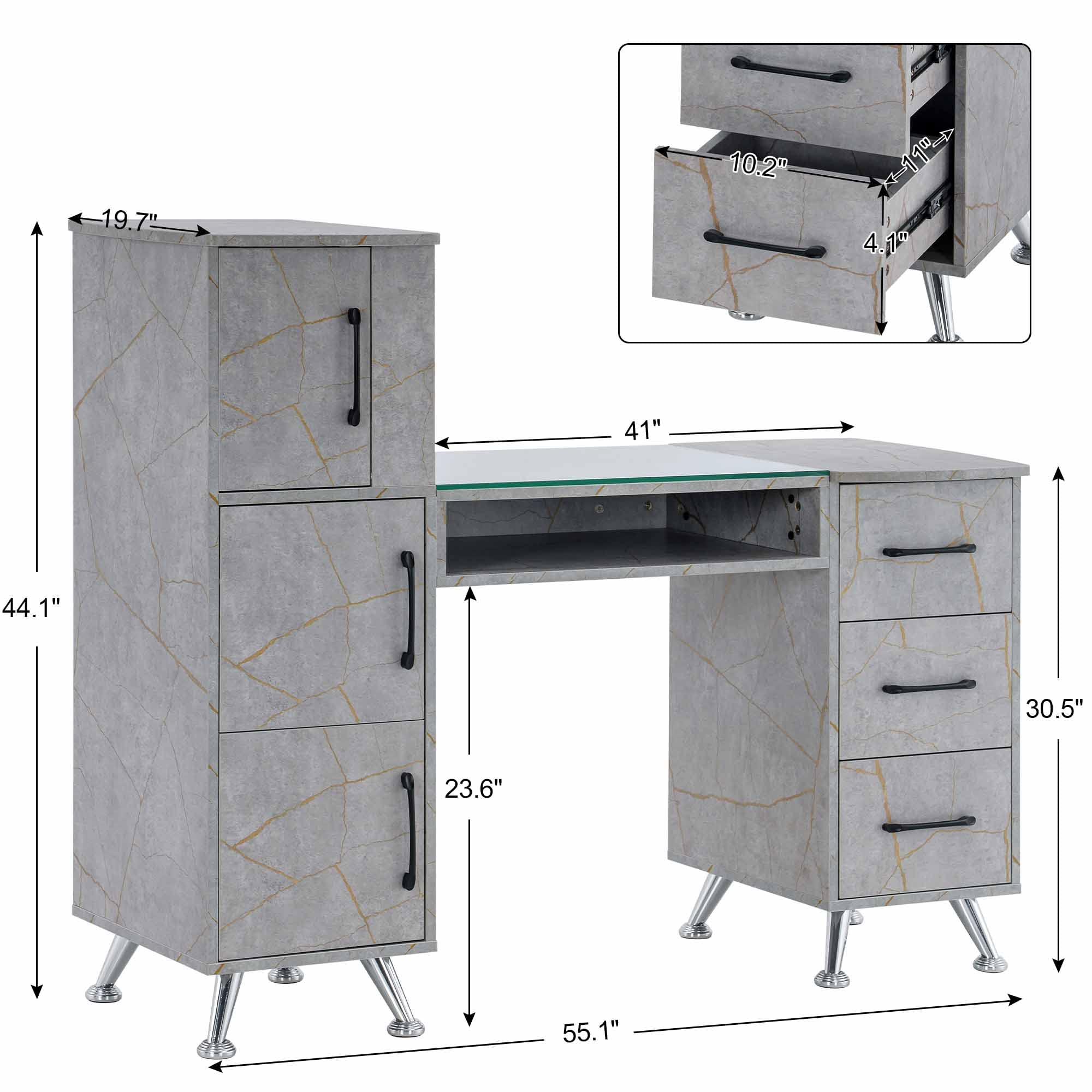 BarberPub Professional Manicure Table with Drawers - Nail Salon Workstation, Beauty Makeup Desk with Storage (Gold & Grey) - Perfect for Nail Technicians, Salon Professionals & Home Use