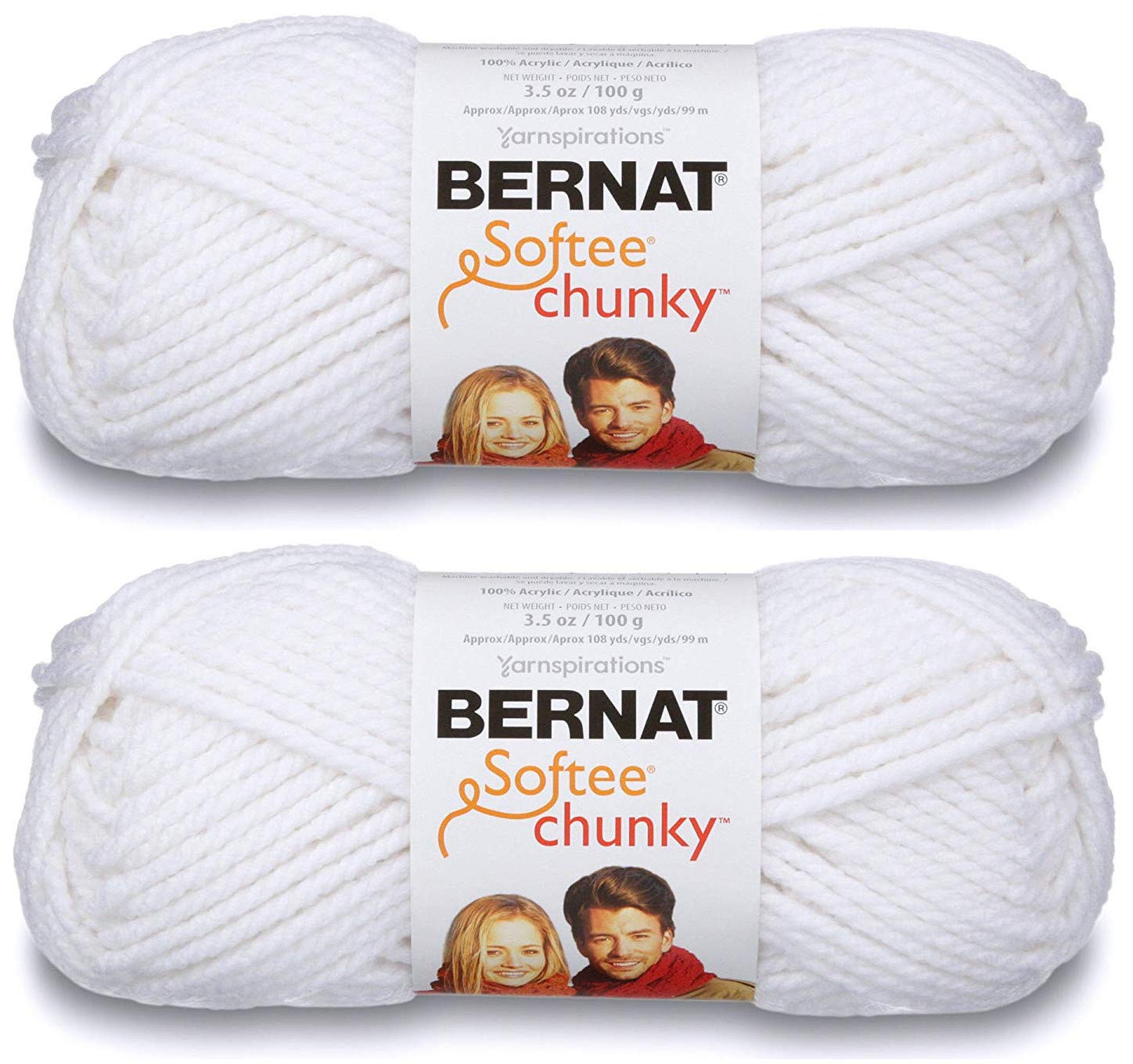 Bernat Softee Chunky Yarn - 2 Pack White Acrylic Knitting Yarn for Crochet & Blankets - Soft Bulky Yarn for Scarves, Hats & DIY Crafts