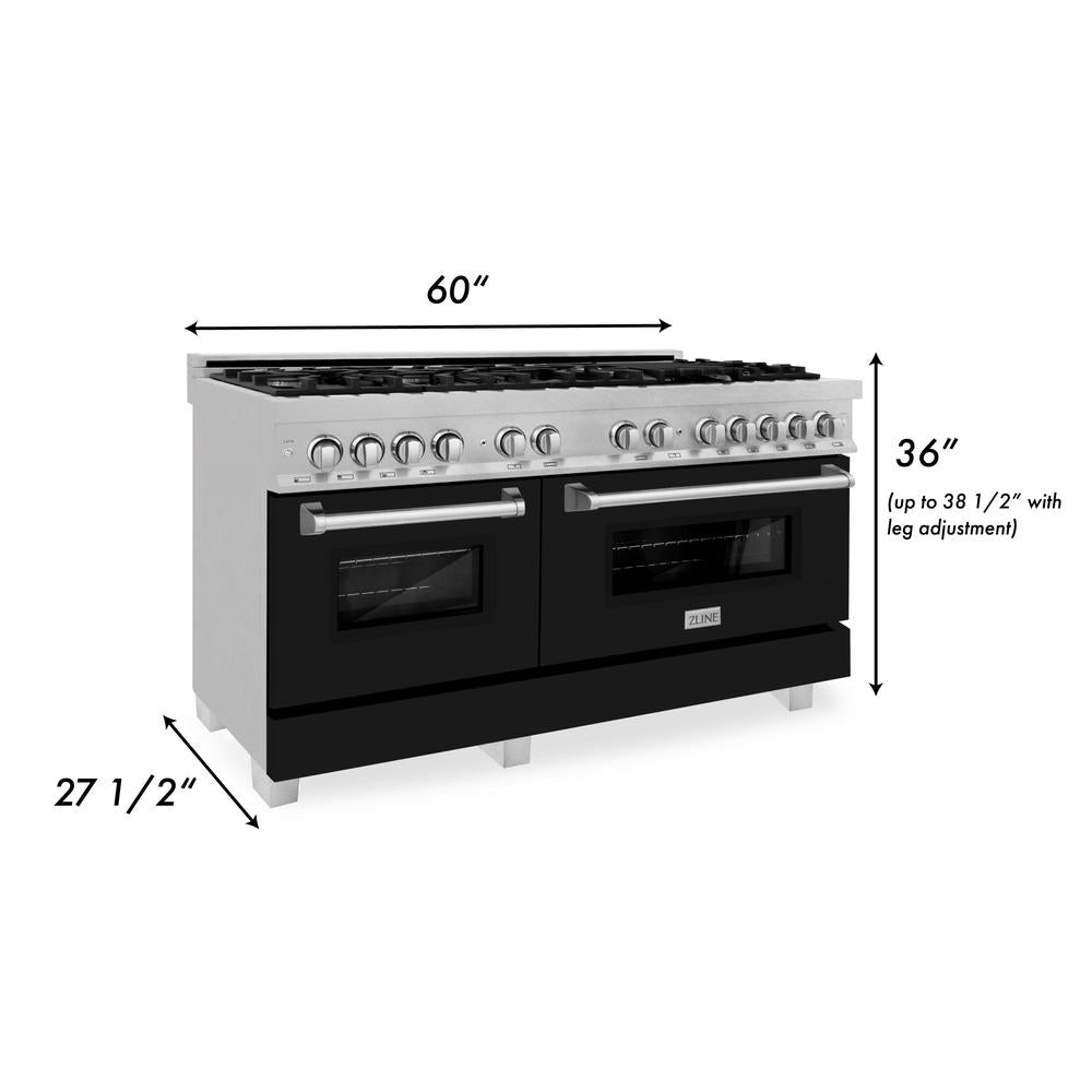 ZLINE 60-inch 7.4 cu.ft Dual Fuel Range - 9 Burner Gas Cooktop & 2 Electric Convection Ovens - Satin Stainless Steel with Black Matte Doors (RAS BLM 60) - Perfect for Professional Home Chefs & Modern Kitchens