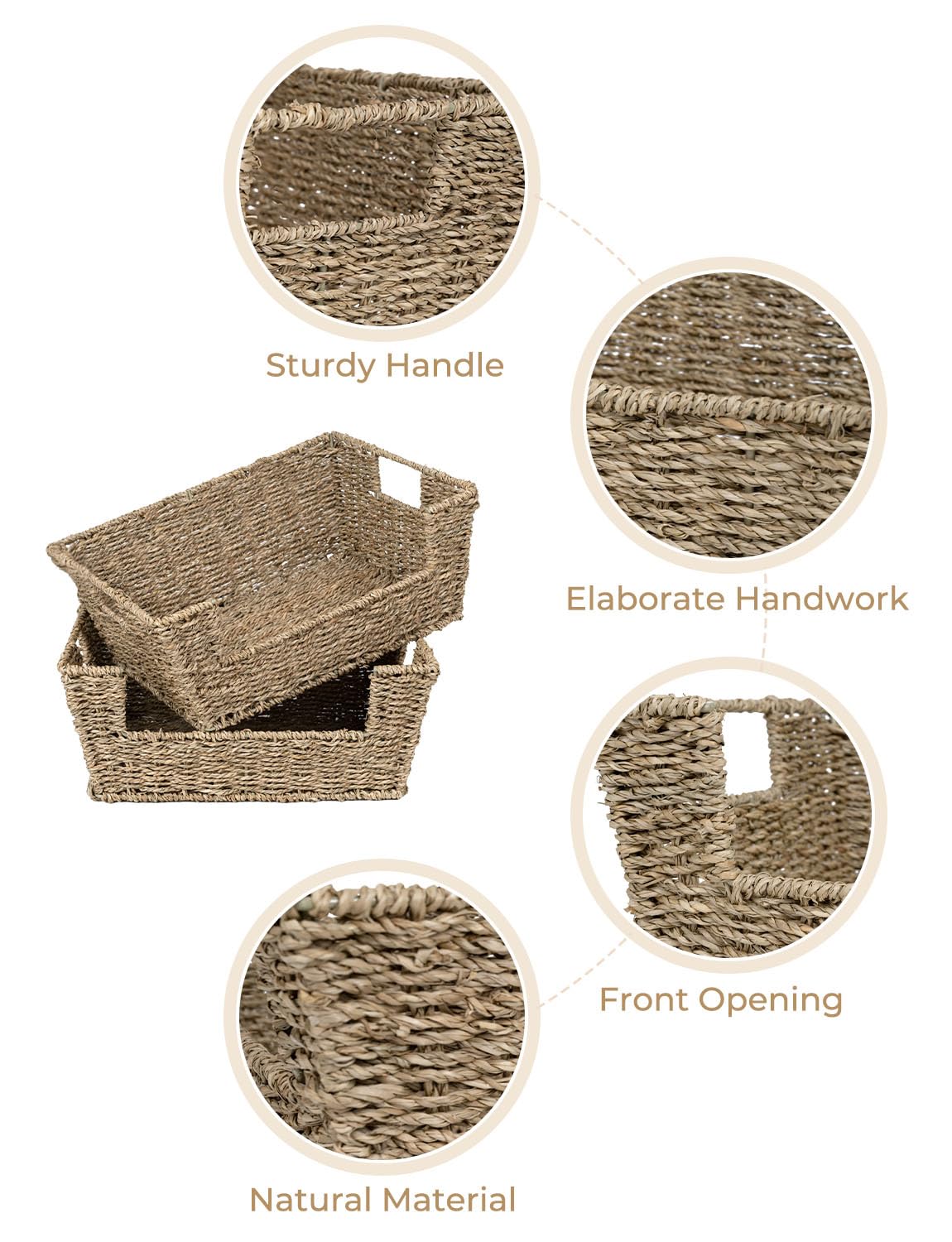 Seagrass Wicker Storage Baskets - 2 Pack Handwoven Pantry & Shelf Organizers for Home Decor, Kitchen Storage, and Closet Organization | Natural Woven Baskets for Fruits, Blankets, Toys & More