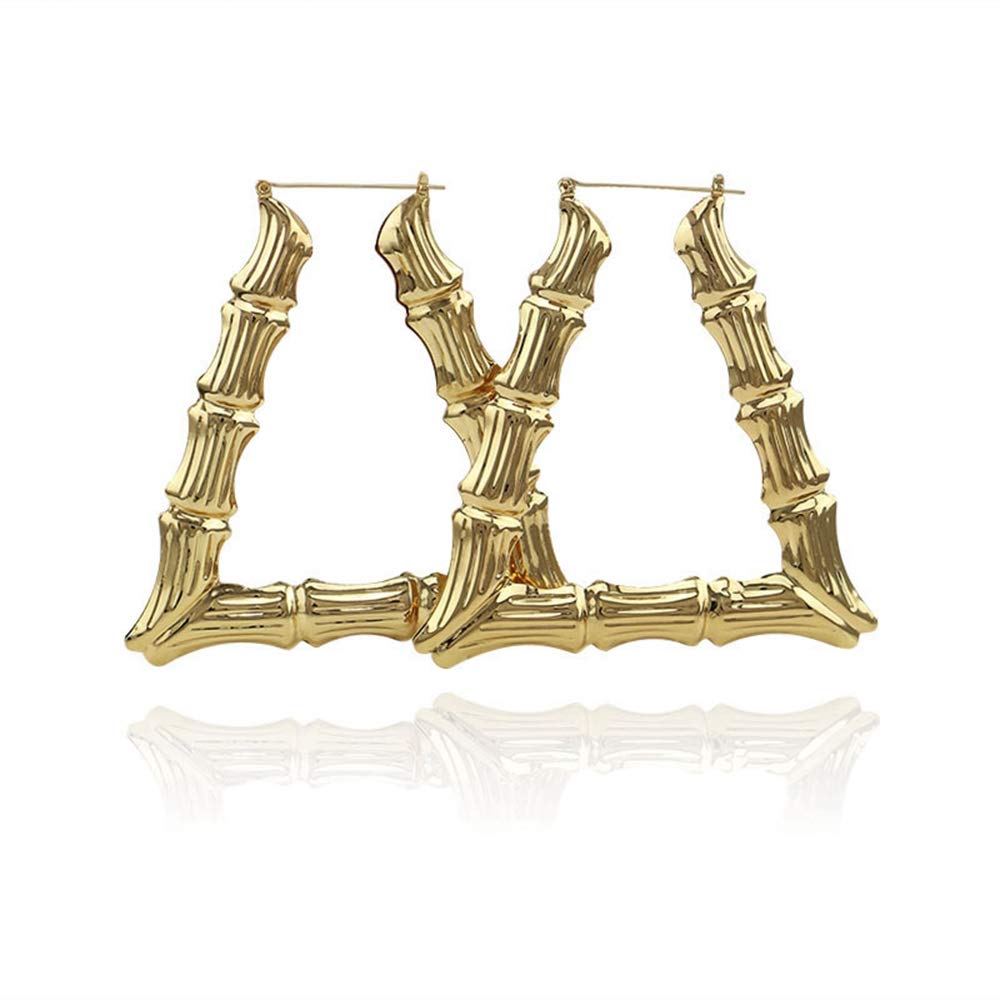Gold Bamboo Triangle Hollow Hoop Earrings for Women - Large Lightweight Dangle Earrings for Everyday Wear & Special Occasions