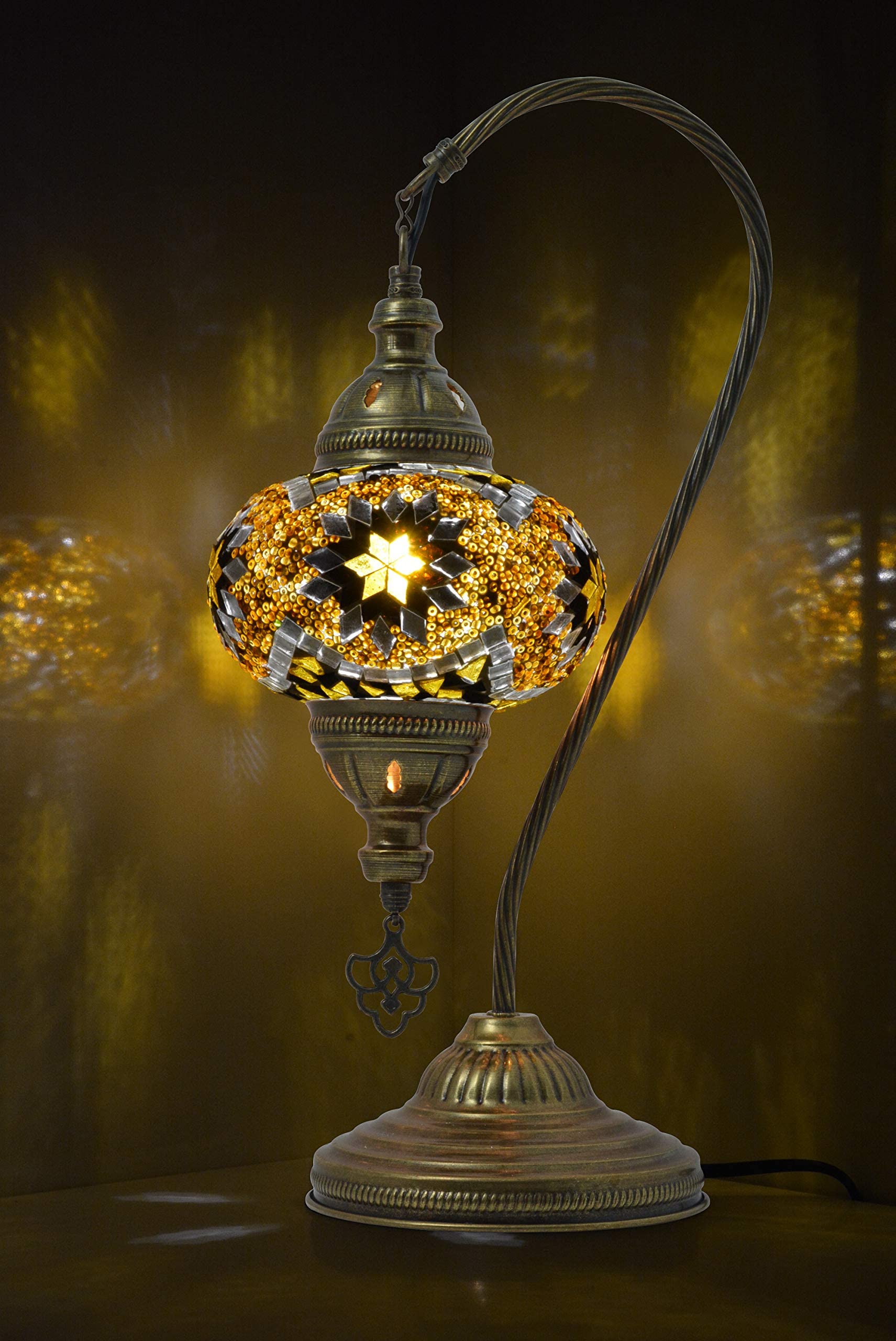 Mozaist Turkish Mosaic Table Lamp - Swan Neck Moroccan Stained Glass Tiffany Lamp with US Plug & E12 Socket | Bohemian Vintage Home Decor for Bedroom, Living Room & Office