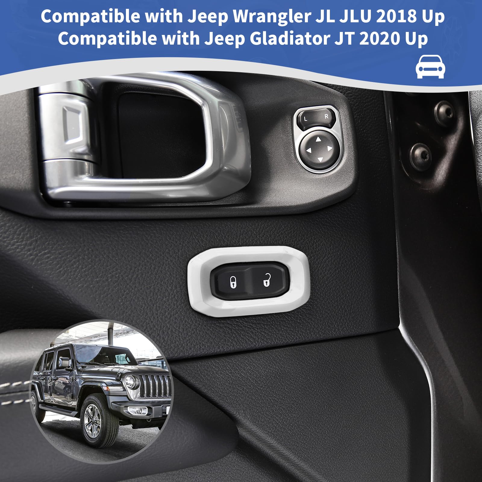 Jeep Wrangler JL JLU & Gladiator JT Door Lock Switch Button Trim Cover (2018-2024) - White Interior Accessories (2-Pack) | Easy Installation & Custom Upgrade for Enhanced Cabin Style