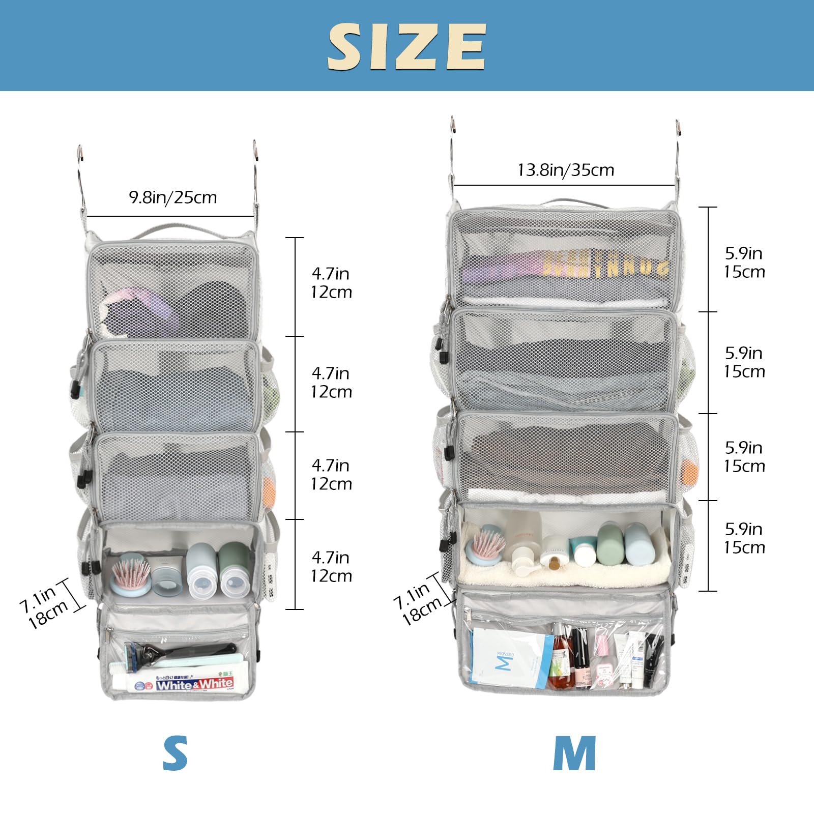 Surblue Travel Hanging Packing Cubes - 4 Shelf Closet Organizer with 2 Hooks, Portable Compression Luggage Storage for Clothes (Medium, Light Grey) | Perfect for Suitcase Organization, Business Trips & Vacation Packing