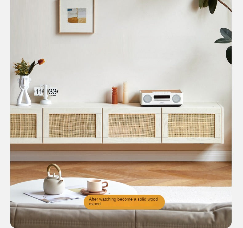 Solid Oak Wood Rattan TV Stand with Suspended Design - Stylish Media Console for Living Room, Bedroom & Home Theater