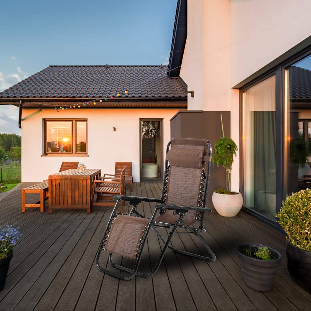 Premium Zero Gravity Recliner Chairs 2-Pack - Heavy Duty Adjustable Outdoor Lounge Chairs with Cup Holder & Pillows, Supports 250Lbs - Perfect for Patio, Poolside, Beach, Backyard Relaxation & Sunbathing - Brown Folding Chaise Lounge Set