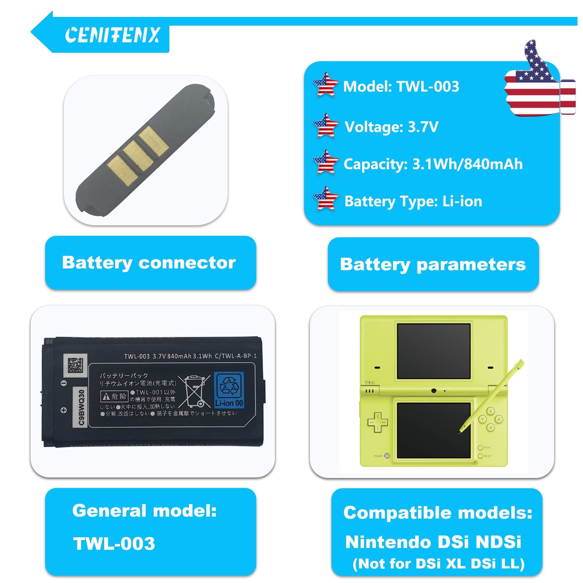 Premium 3.7V 840mAh Replacement Battery for Nintendo DSi (TWL-003) - Compatible with NDSi Game Console - Includes Repair Tool Kit - Not for DSi XL/LL or DS Lite - Perfect for Gaming On-The-Go & Extended Play Sessions