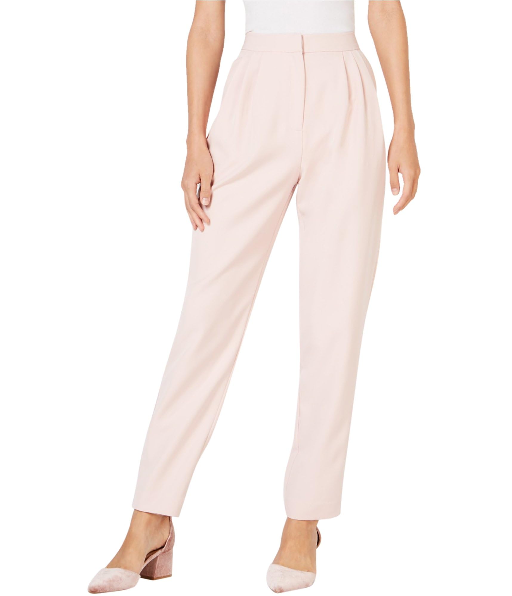 Leyden Women's Pleated Satin-Striped Pants in Powder Blush - Elegant High Waist Trousers for Office, Party & Special Occasions
