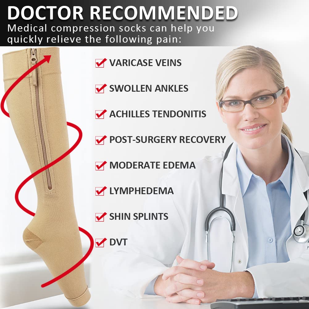 Ailaka Medical Compression Socks with Zipper - 15-20 mmHg Knee High Support Socks for Women & Men - Open Toe for Varicose Veins, Edema, Pregnancy & Nurse Recovery - Ideal for Hospital Work, Travel & Post-Surgery Comfort