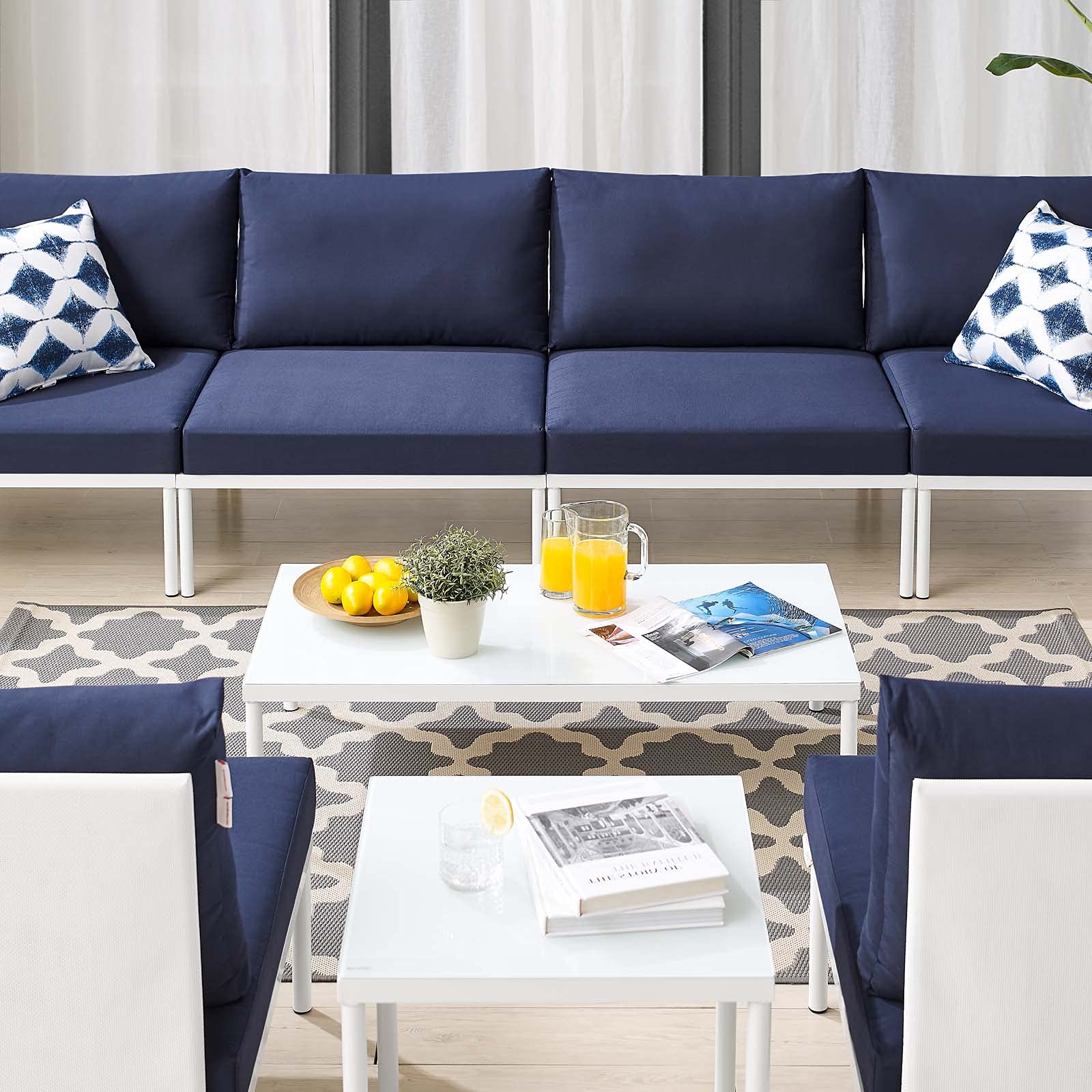 Modern Outdoor Patio Lounge Sectional Sofa Set with Chair & Table - Aluminum Frame in White, Blue & Navy - Perfect for Backyard, Poolside & Garden Relaxation