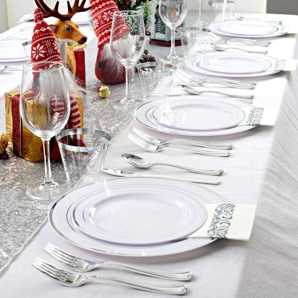 Premium 400-Piece Silver Plastic Dinnerware Set - Elegant Disposable Plates, Cutlery & Cups for Weddings, Parties, Birthdays & Holiday Events - Durable & Stylish Tableware for Any Celebration