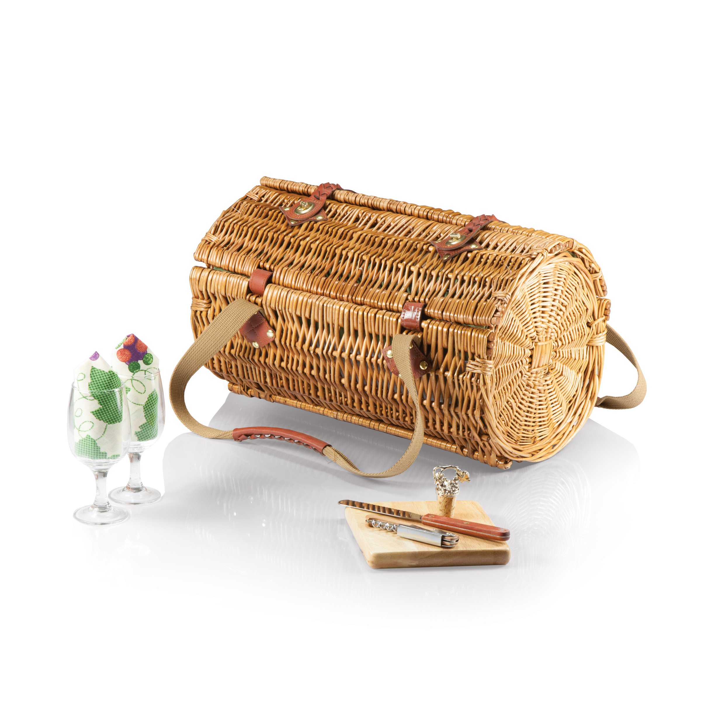 PICNIC TIME Verona Wine & Cheese Picnic Basket - Wicker Wine Tote with Picnic Set - Pine Green 18
