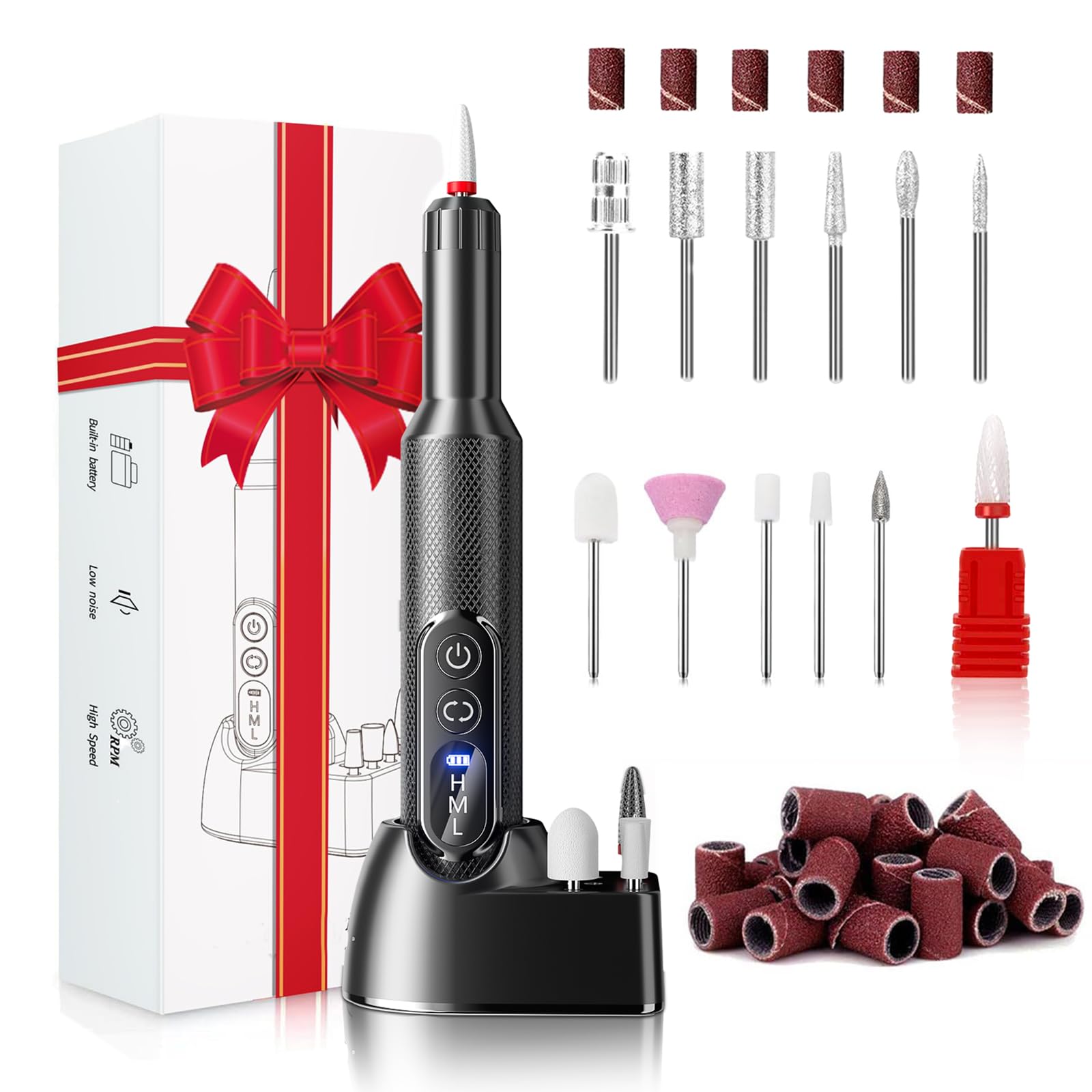 Professional Electric Nail Drill Kit - Portable Manicure & Pedicure Machine with 10 Attachments & 10 Sanding Bands for Acrylic, Gel Nails & Thick Toenails - Perfect for Home Salon & Nail Art Enthusiasts (Black)