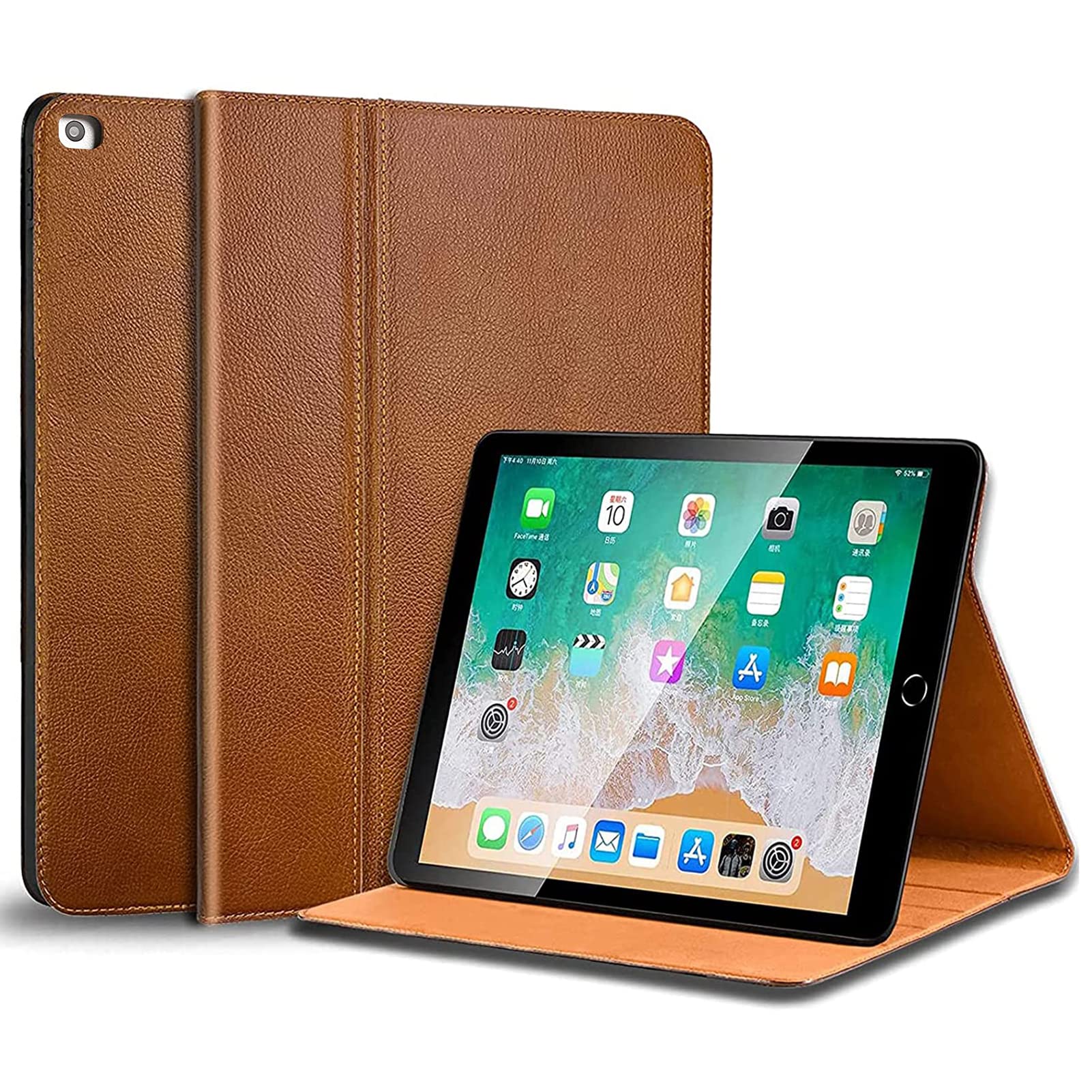 Genuine Leather iPad Case for iPad 9.7 Inch (6th/5th Generation 2018/2017) & iPad Air 2/1 - Premium Cowhide Folio Cover with Auto Sleep/Wake, Anti-Fingerprint & Slip-Resistant Design, Adjustable Stand (Brown) - Perfect for Work, Travel & Home Use
