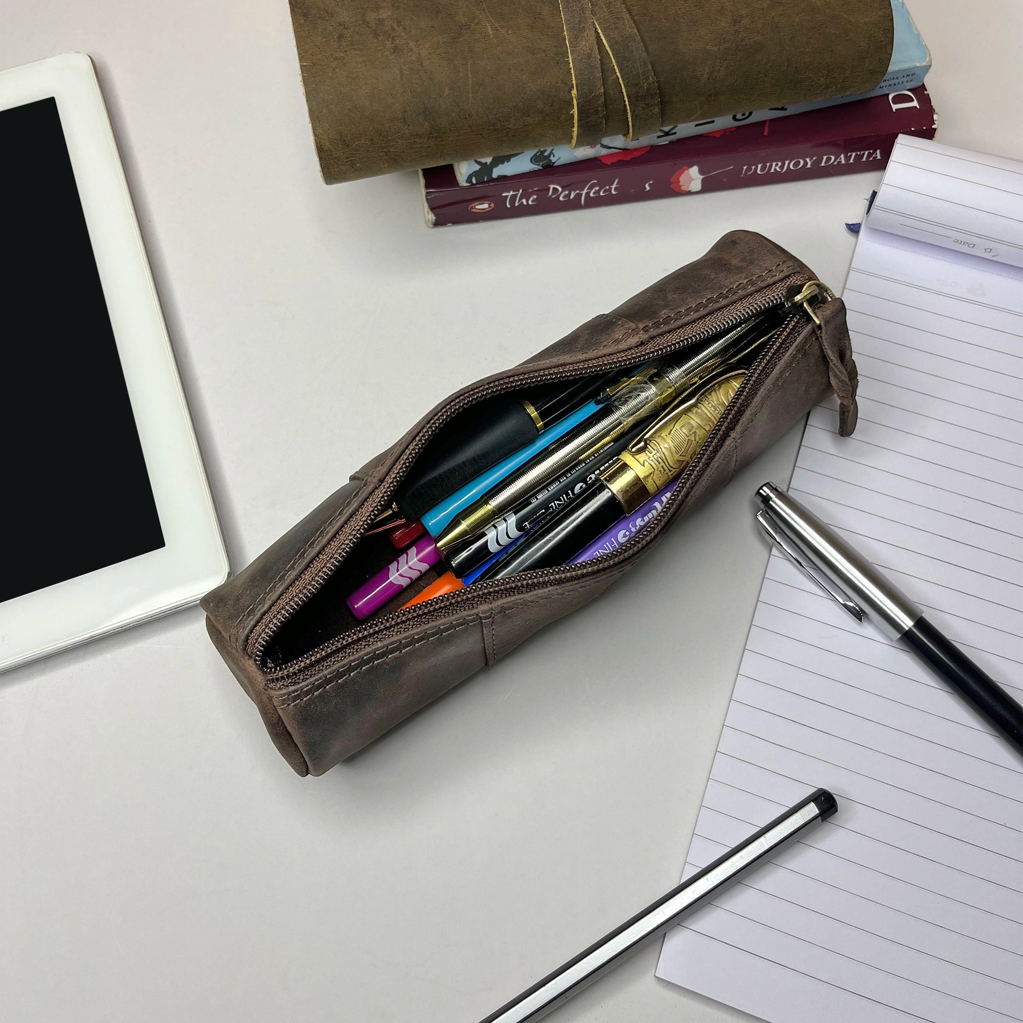 Premium Winnie Leather Zipper Pen Pencil Case - Walnut Brown for School, Office & Travel Organization | Stylish Stationery Holder for Students & Professionals