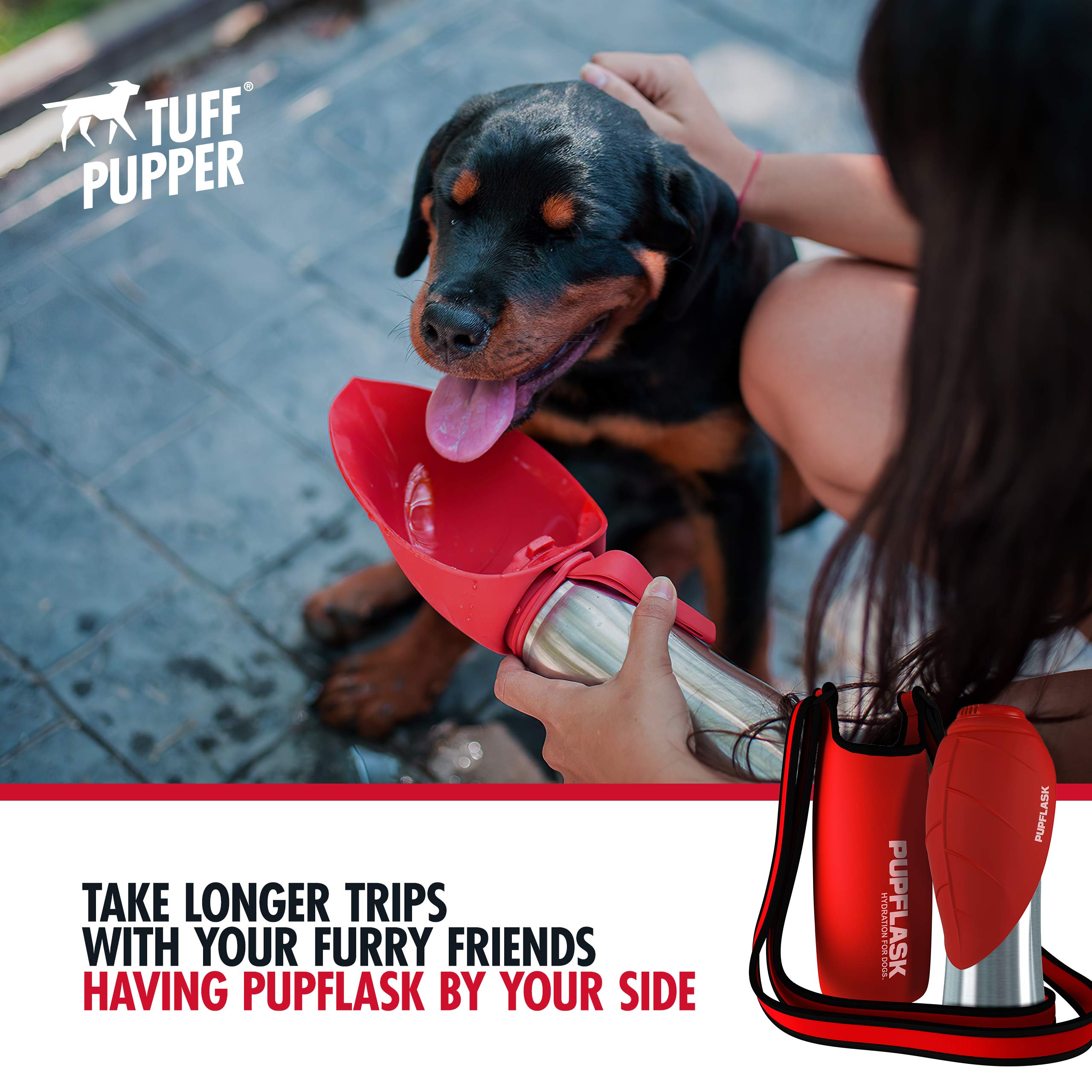 Tuff Pupper 40oz Dog Water Bottle Holder with PupFlask - Portable Pet Water Dispenser for Hiking, Walking & Outdoor Adventures (Red)