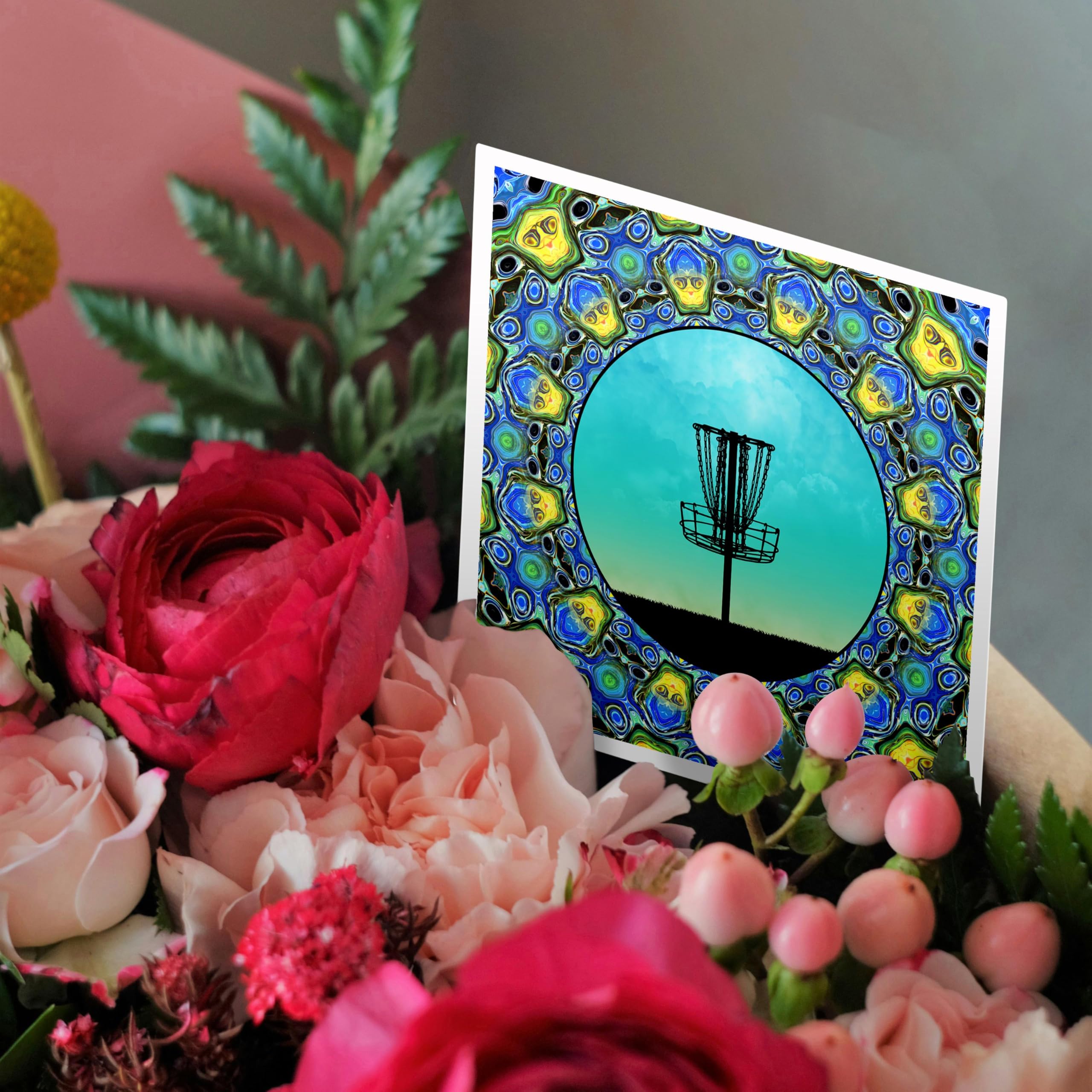 Disc Golf Greeting Card - Abstract Basket Design in Blue & Green - Perfect for Birthdays, Holidays & Special Occasions